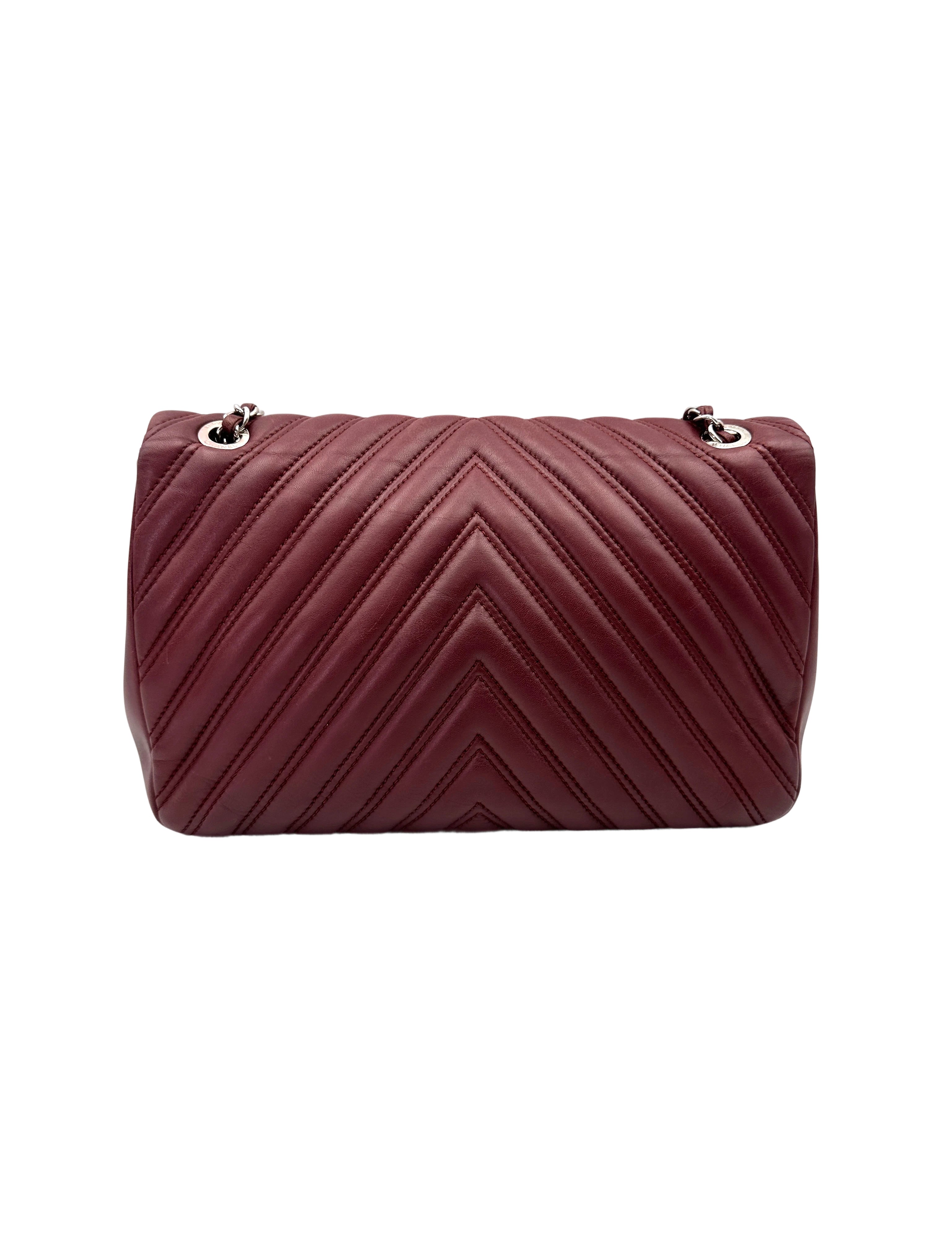 Chanel Classic Flap Red Chevron Quilted Lambskin Shoulder Bag With Silver Buckle(21***54) CC1969
