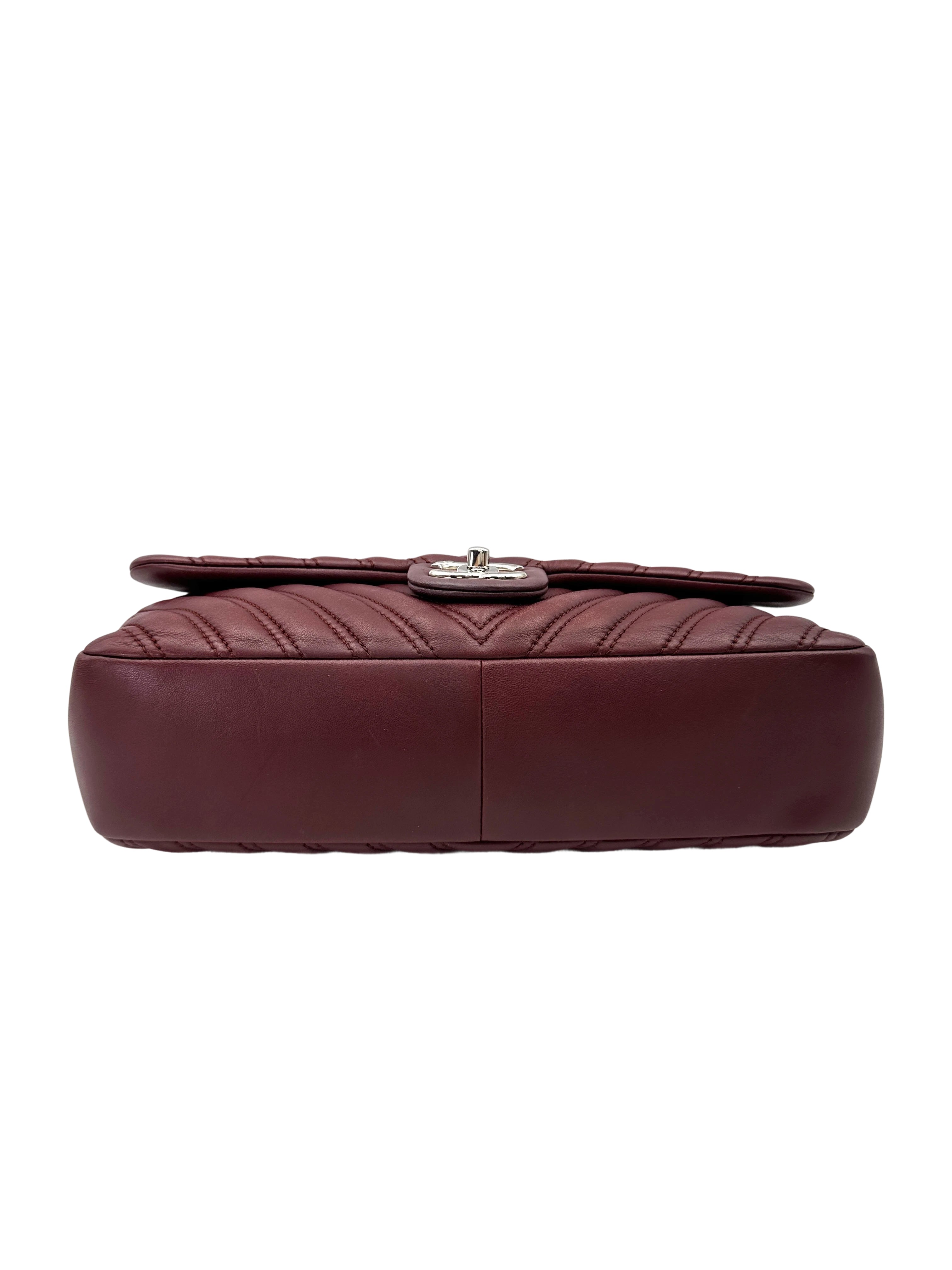 Chanel Classic Flap Red Chevron Quilted Lambskin Shoulder Bag With Silver Buckle(21***54) CC1969