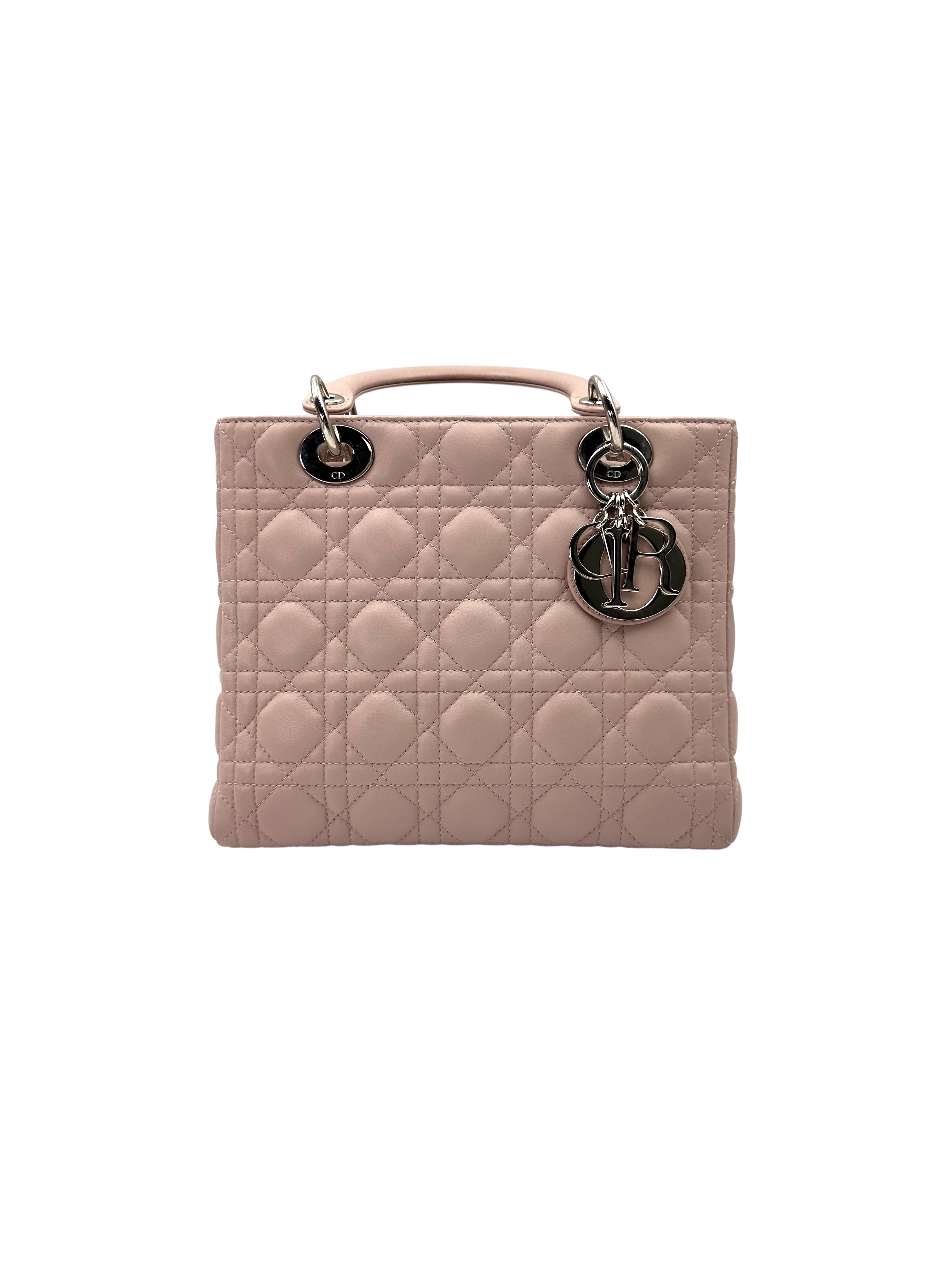 Christian Dior Lady Dior Pink Cannage Lambskin Handle Bag With Silver Charms DR736