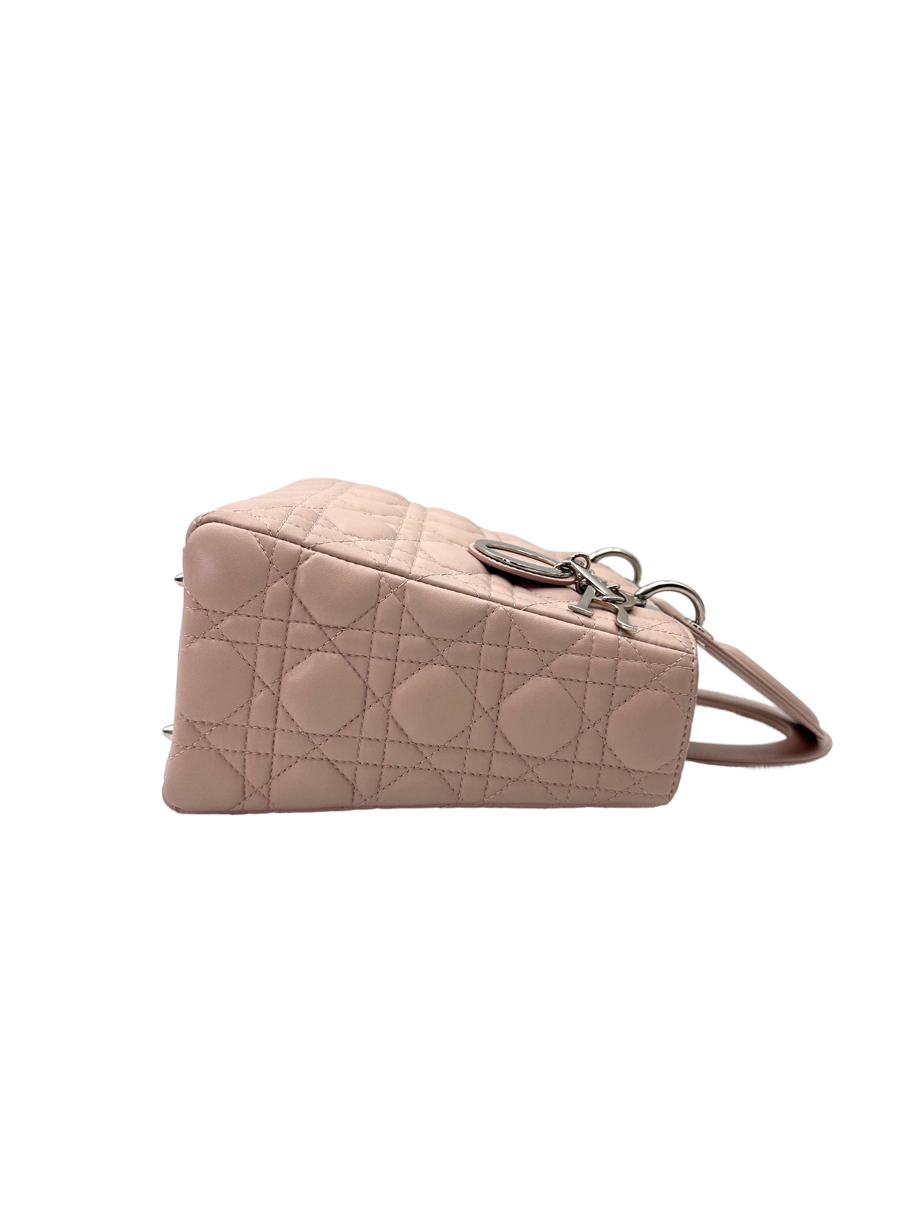 Christian Dior Lady Dior Pink Cannage Lambskin Handle Bag With Silver Charms DR736