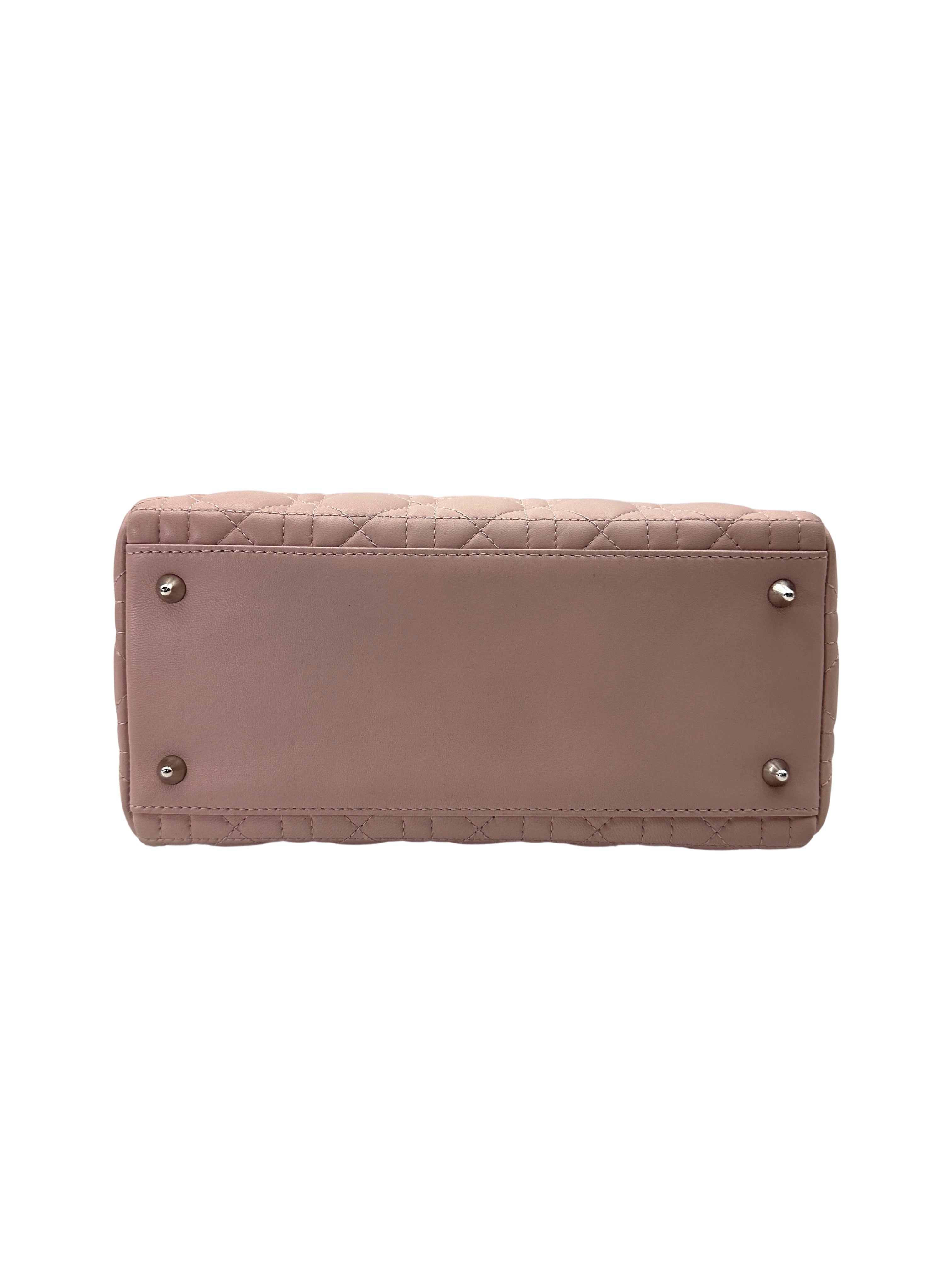 Christian Dior Lady Dior Pink Cannage Lambskin Handle Bag With Silver Charms DR736