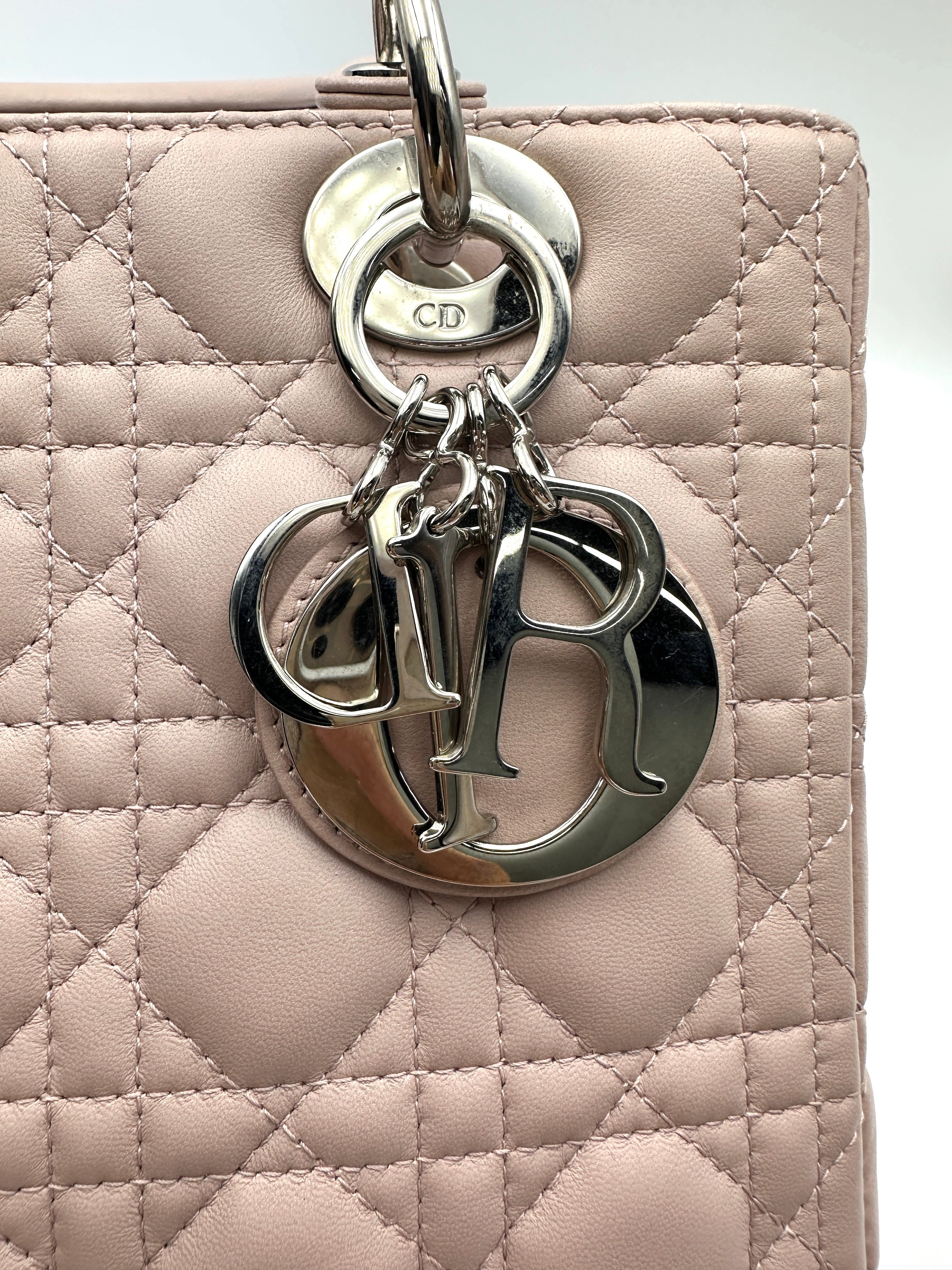 Christian Dior Lady Dior Pink Cannage Lambskin Handle Bag With Silver Charms DR736