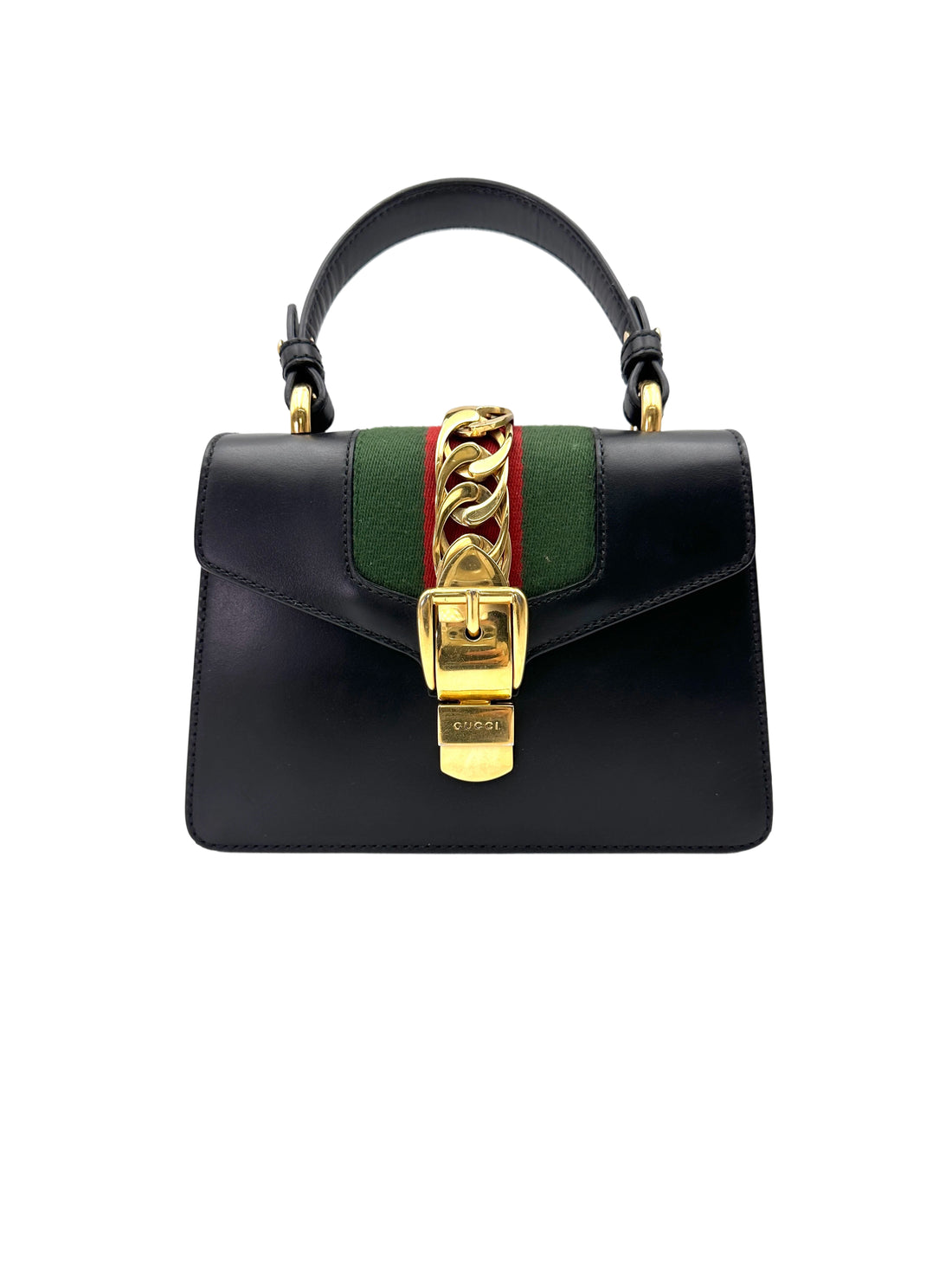 Gucci Sylvie Black Leather Small Size Top Handle Bag GG1022