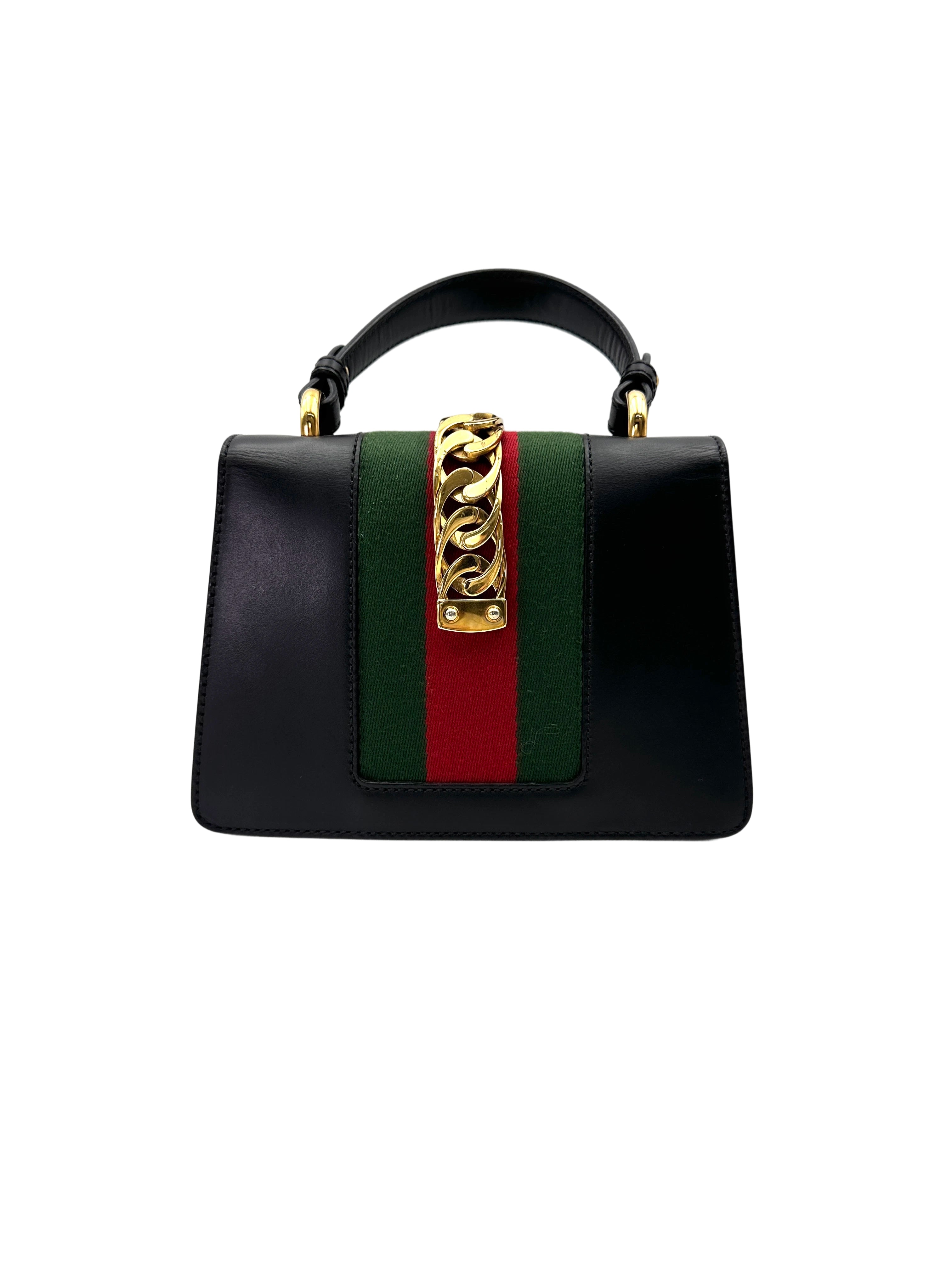 Gucci Sylvie Black Leather Small Size Top Handle Bag GG1022