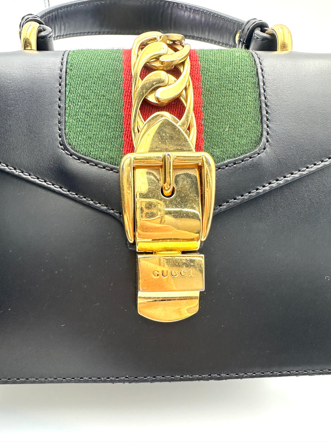 Gucci Sylvie Black Leather Small Size Top Handle Bag GG1022