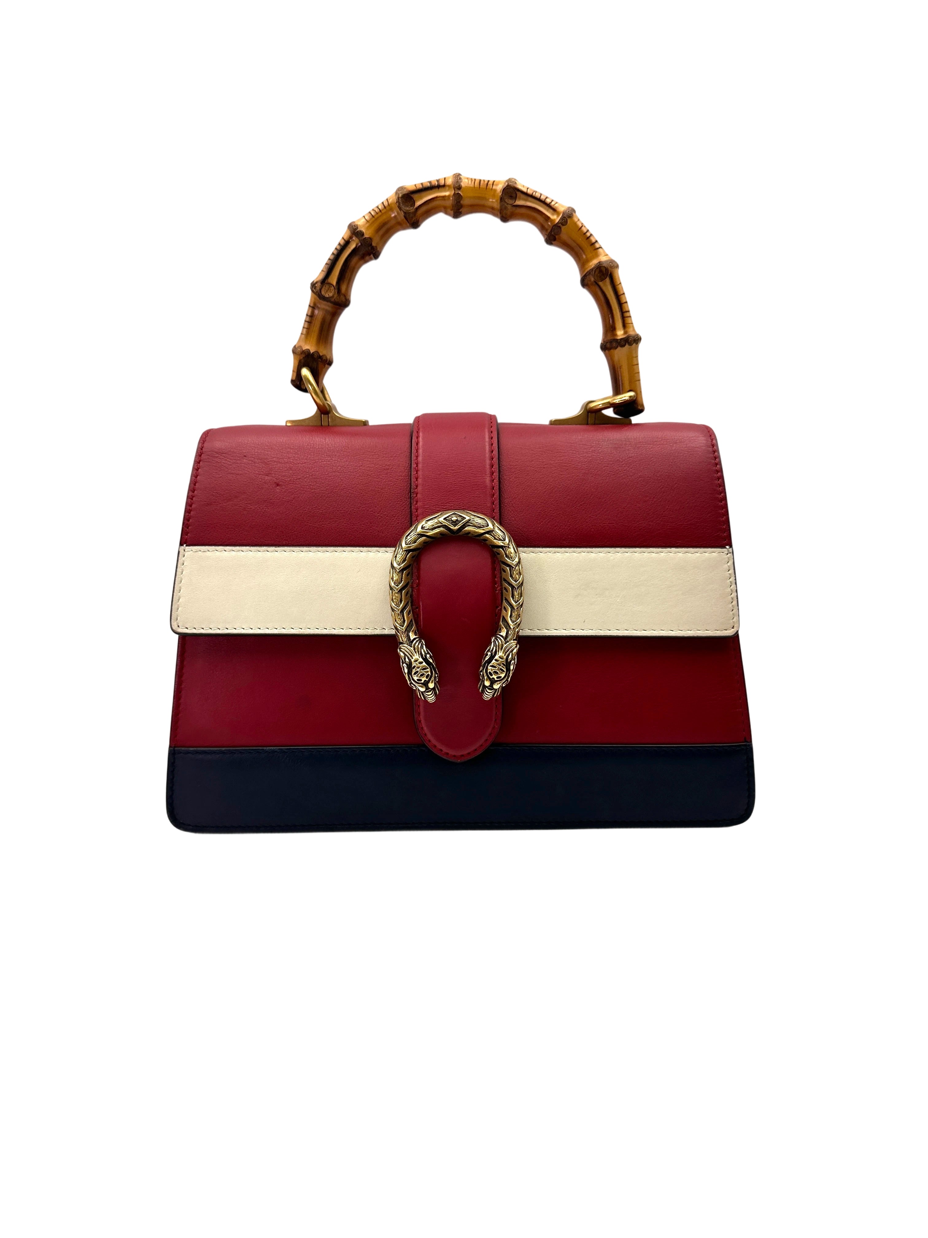 Gucci Dionysus Red/Beige Leather Bamboo Top Handle Bag GG1010