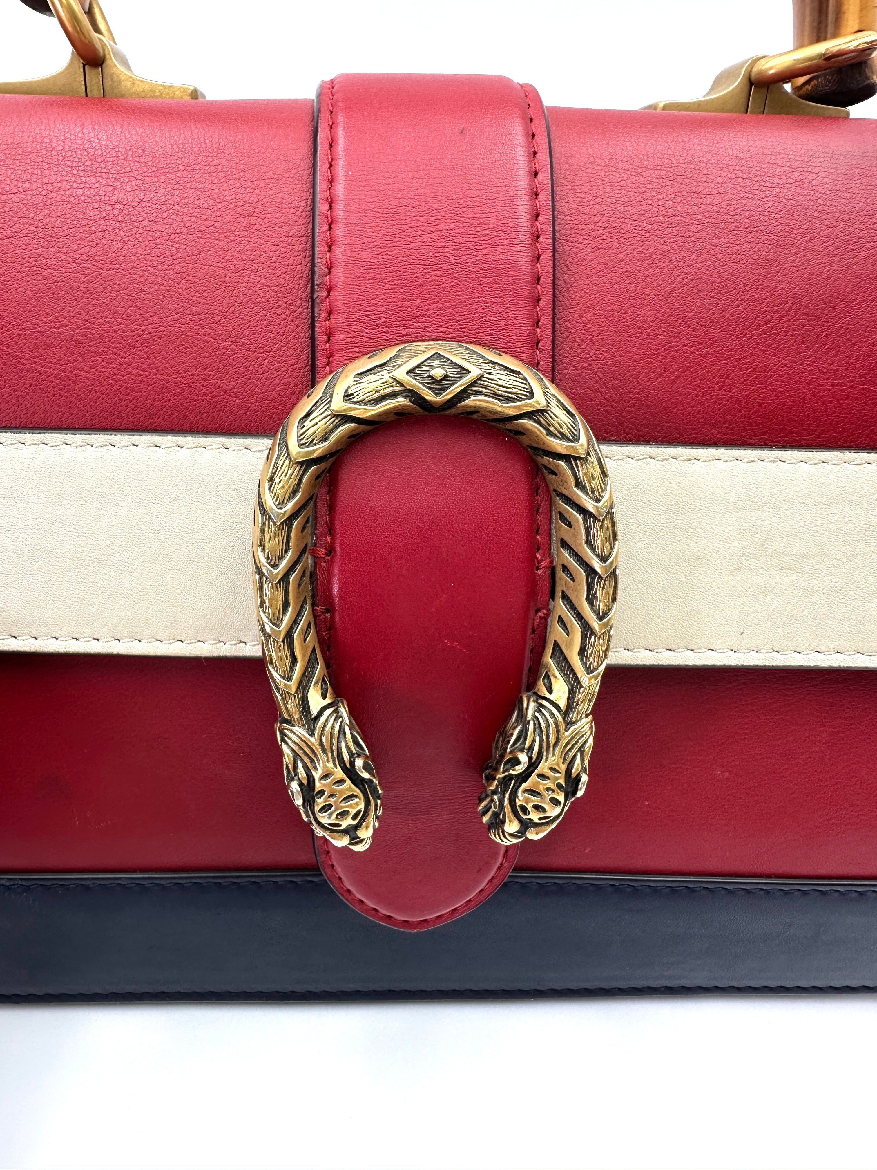 Gucci Dionysus Red/Beige Leather Bamboo Top Handle Bag GG1010