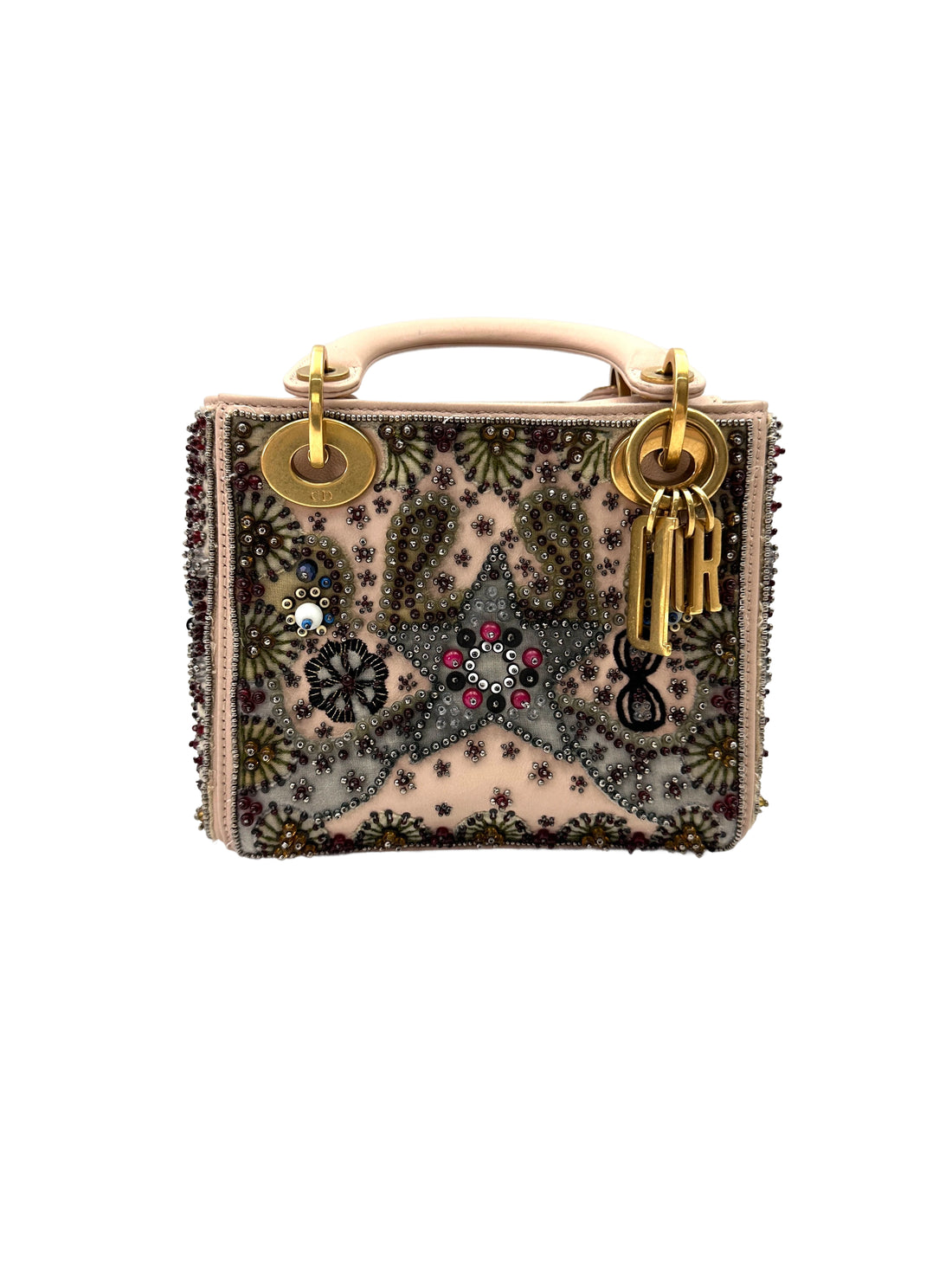 Christian Dior Lady Dior Embroidered Beaded Satin Leather Handle Bag DR737