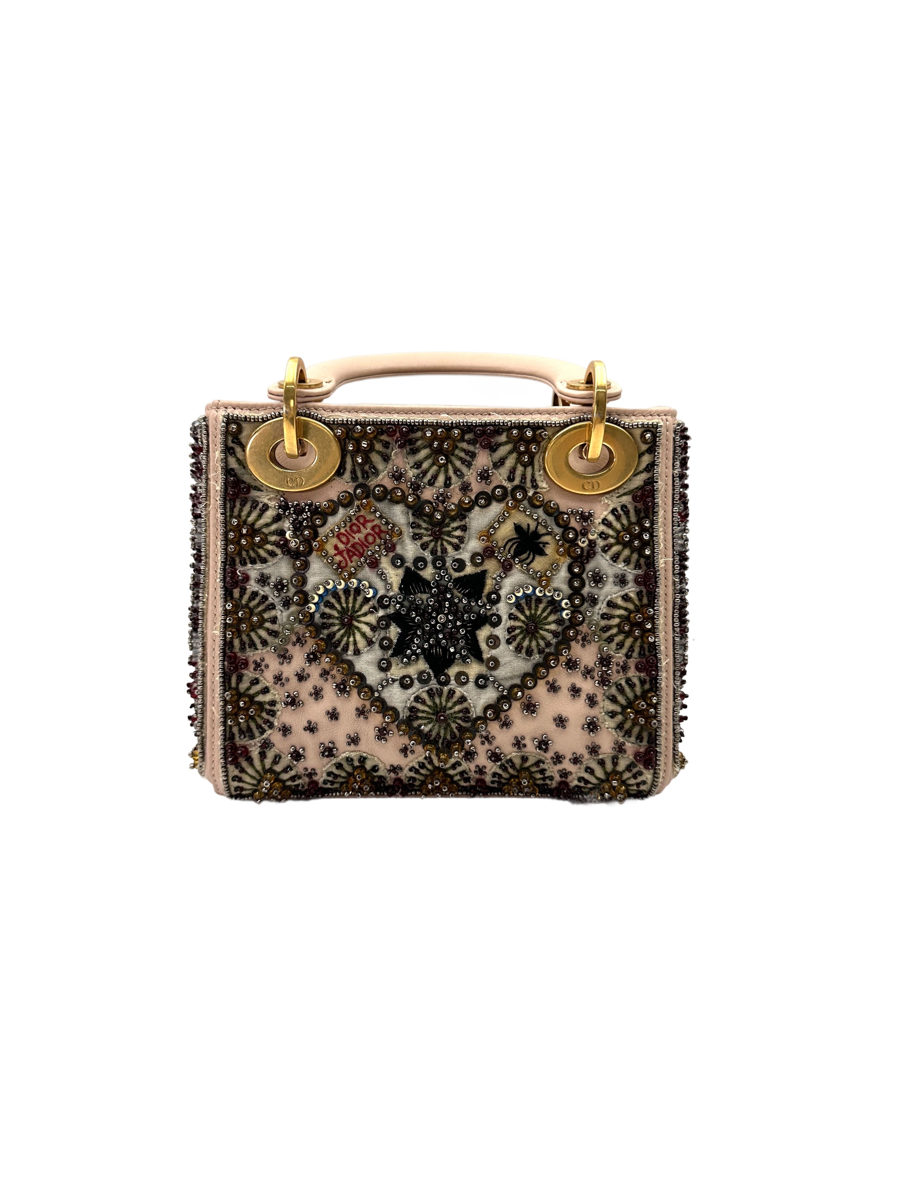 Christian Dior Lady Dior Embroidered Beaded Satin Leather Handle Bag DR737