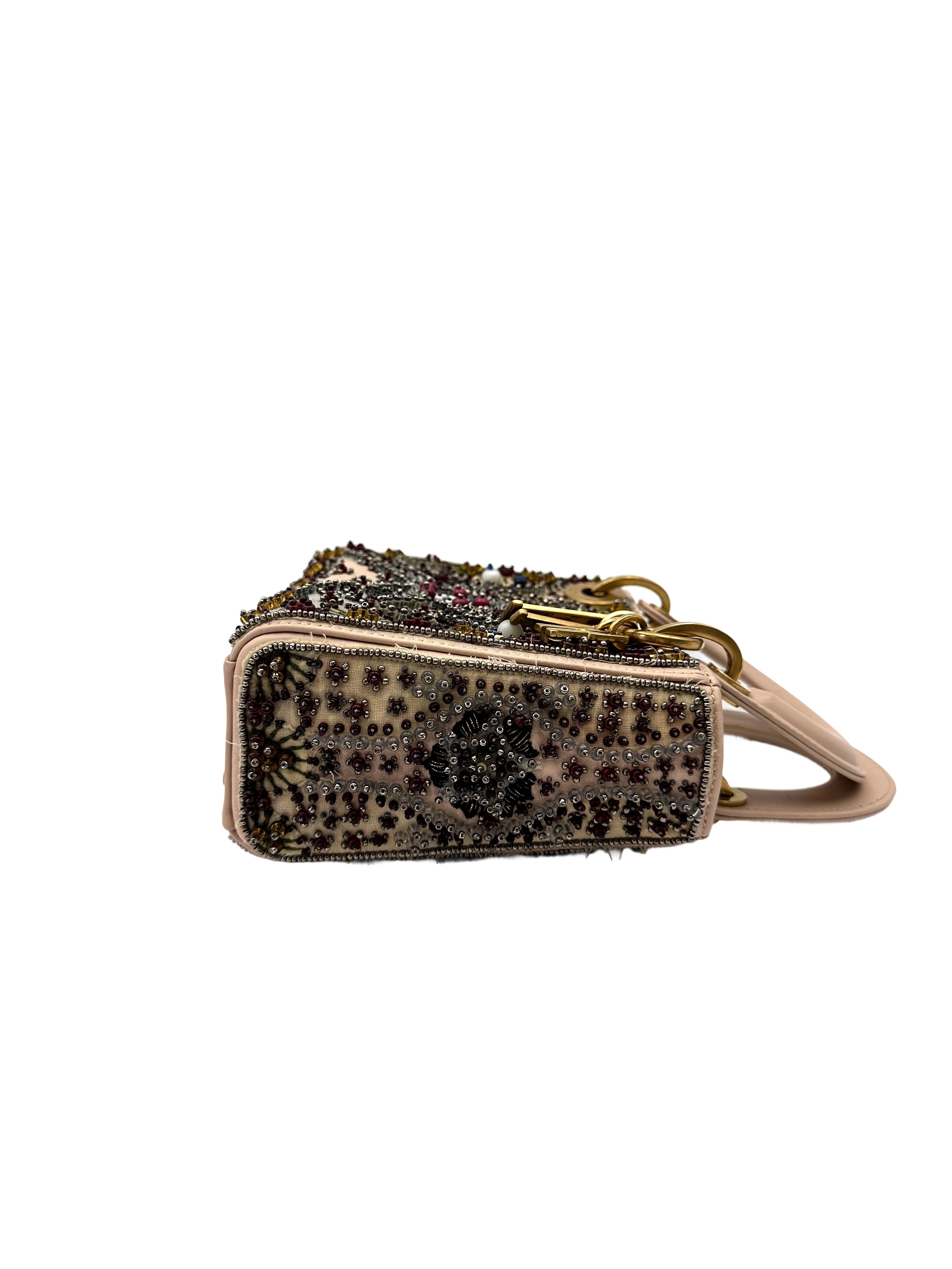 Christian Dior Lady Dior Embroidered Beaded Satin Leather Handle Bag DR737