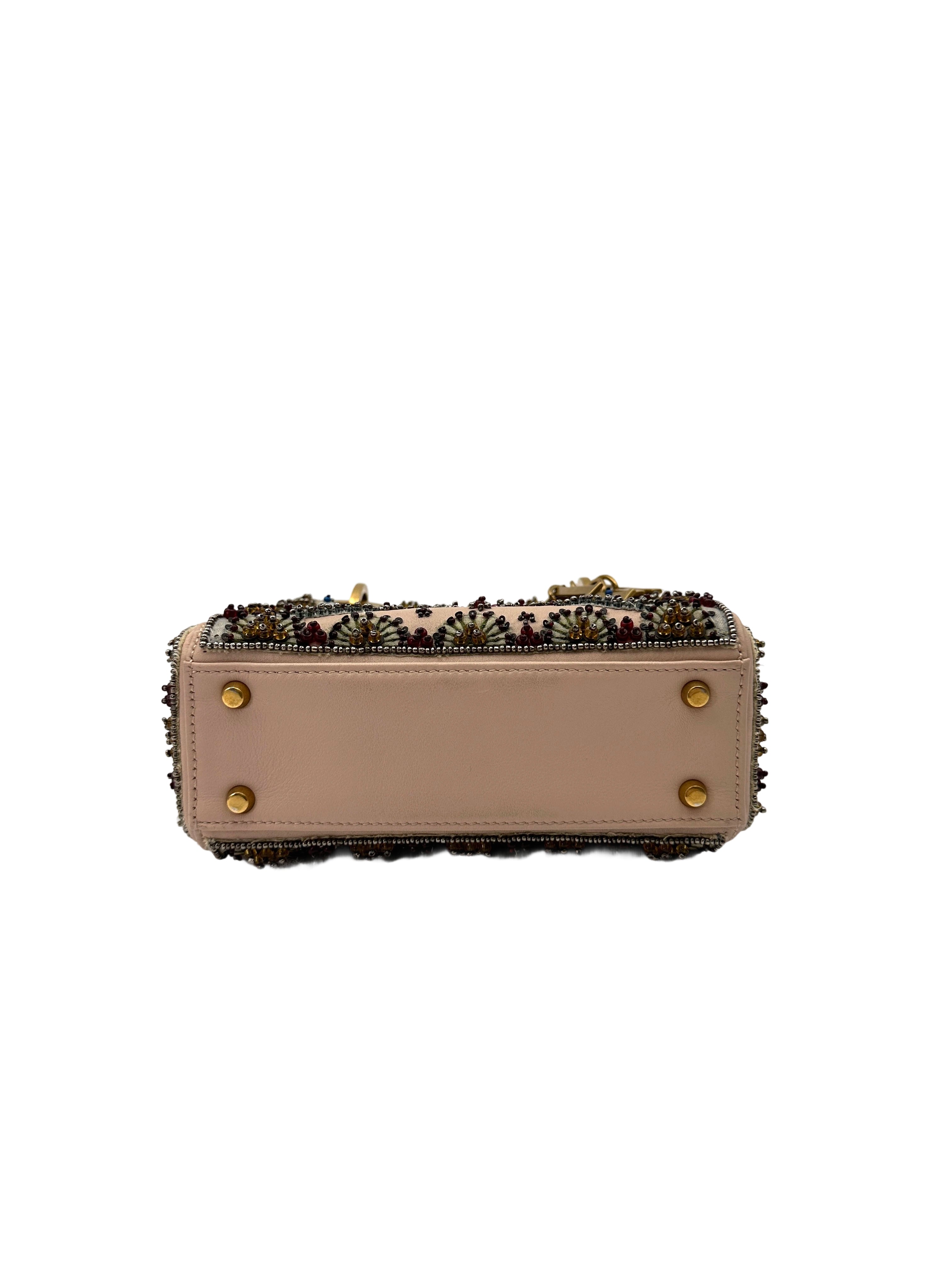Christian Dior Lady Dior Embroidered Beaded Satin Leather Handle Bag DR737