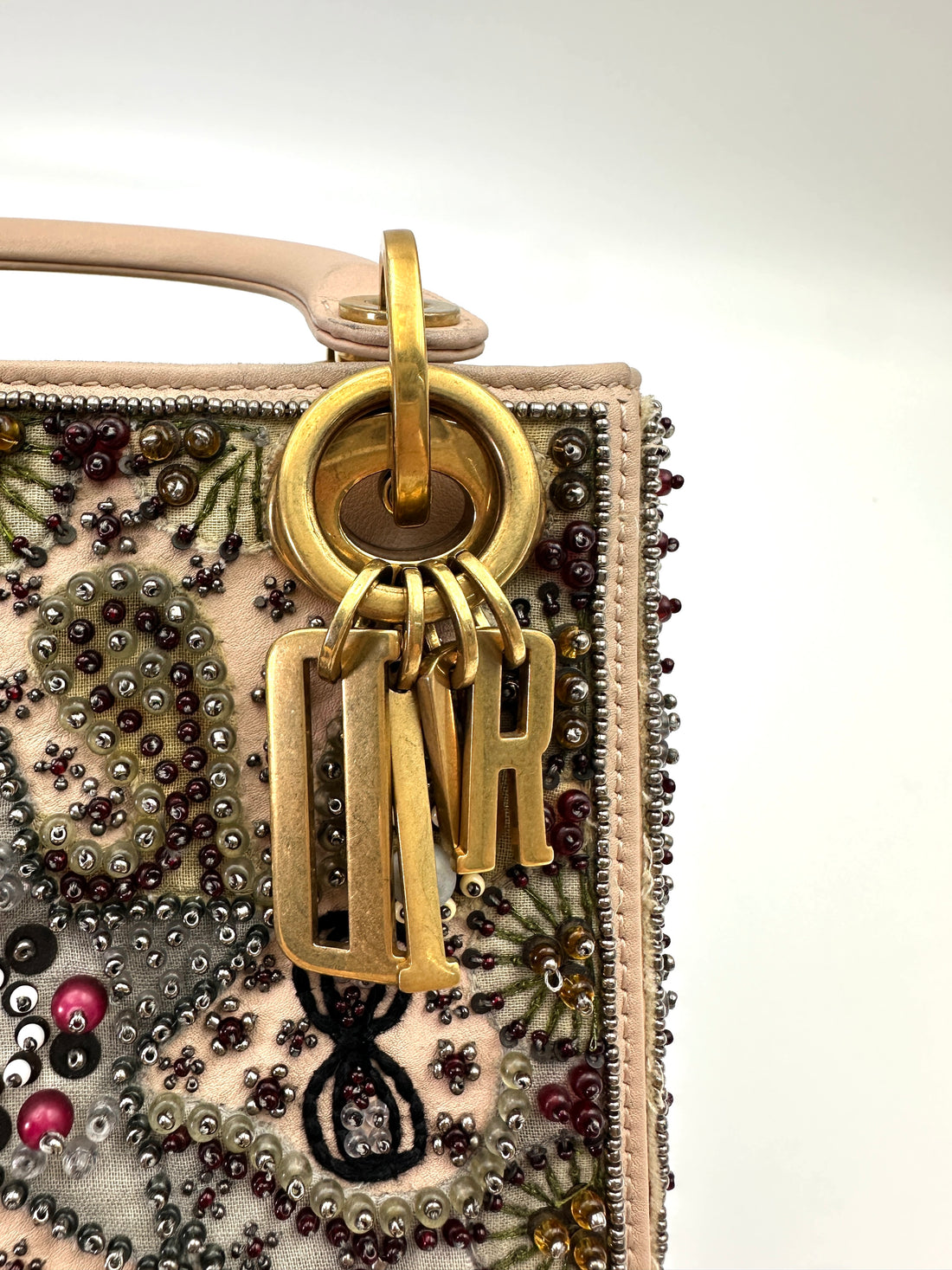 Christian Dior Lady Dior Embroidered Beaded Satin Leather Handle Bag DR737