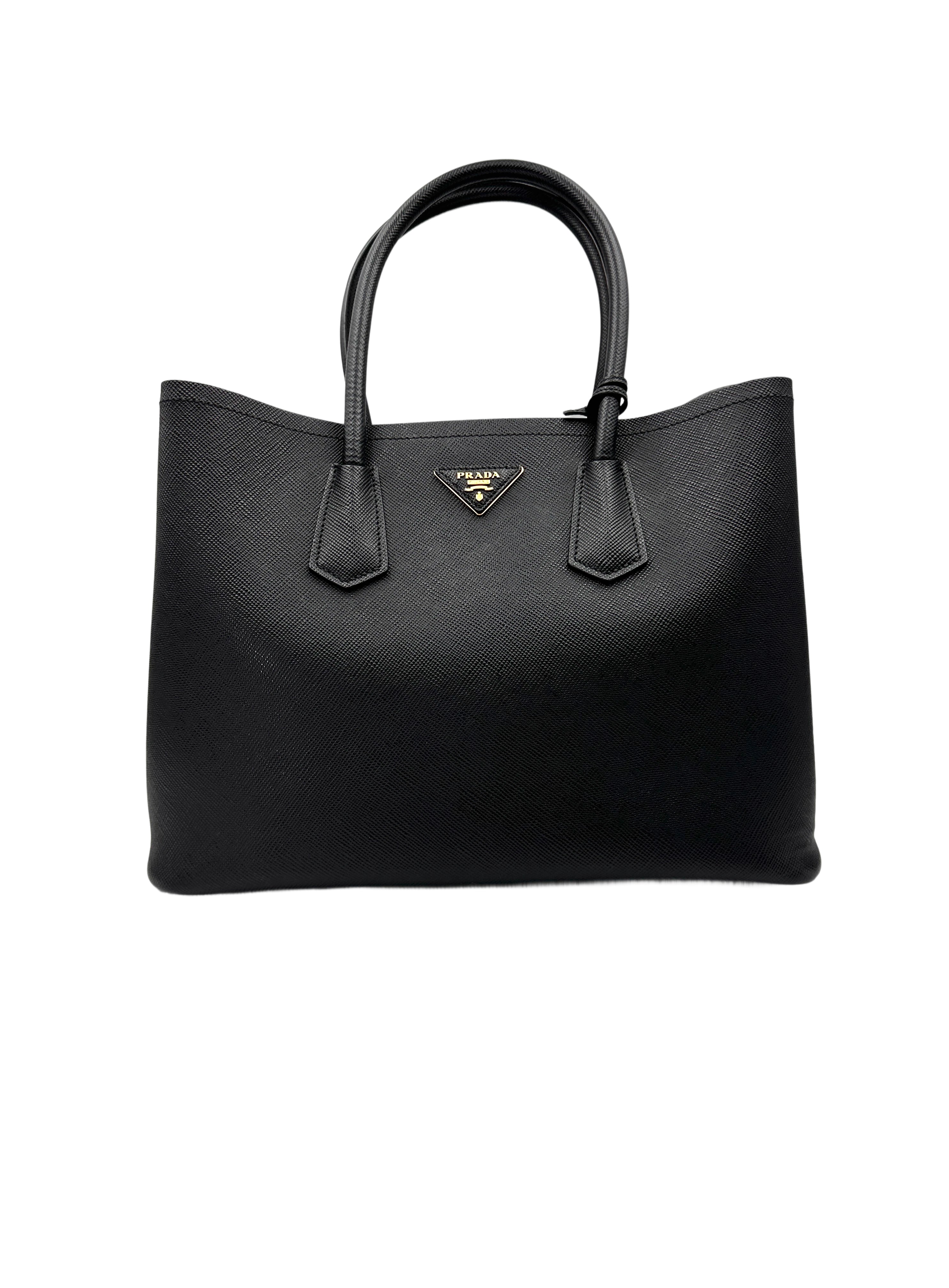 Prada Double Black Saffiano Cuir Leather Handle Bag PR347