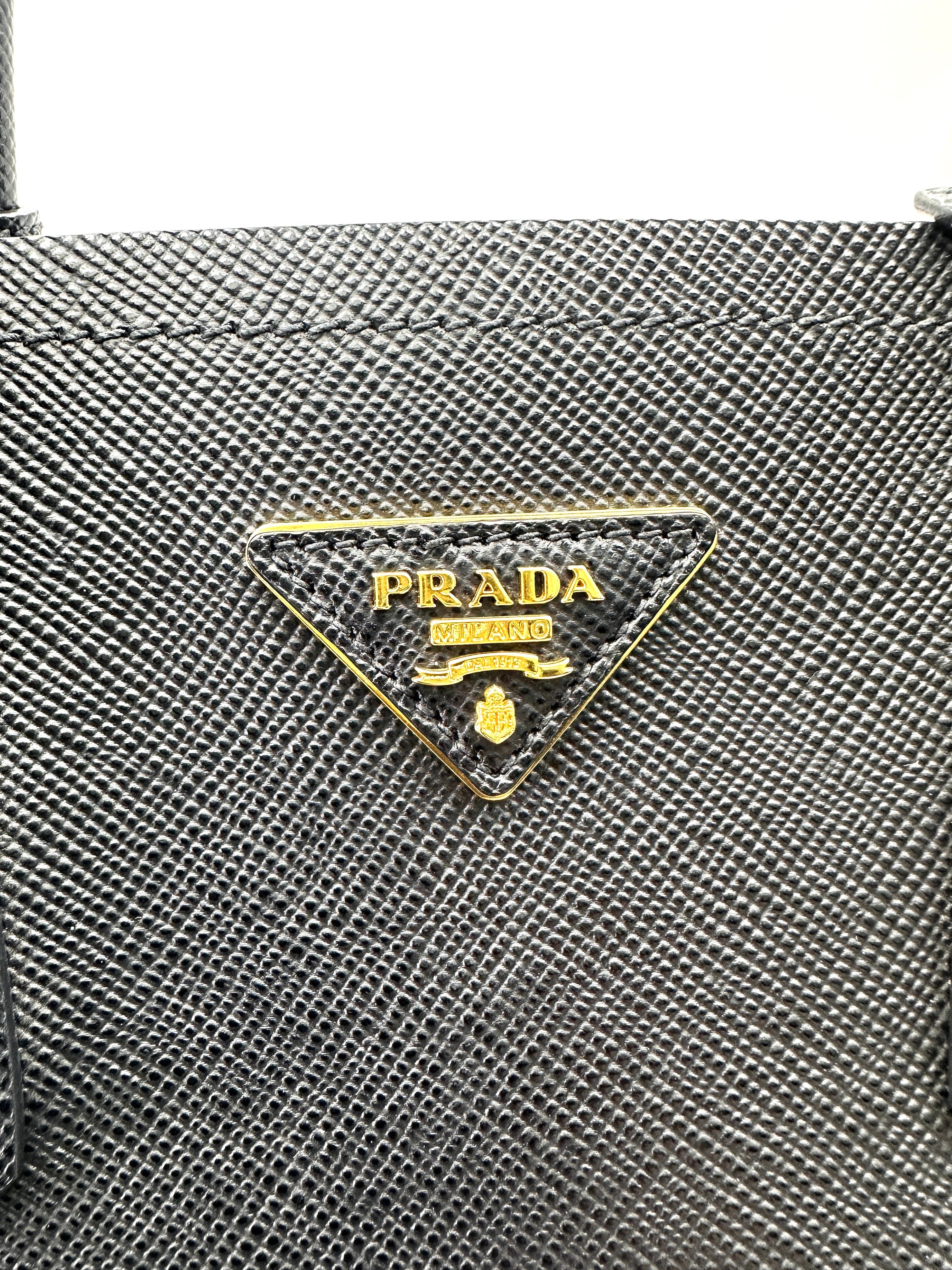 Prada Double Black Saffiano Cuir Leather Handle Bag PR347