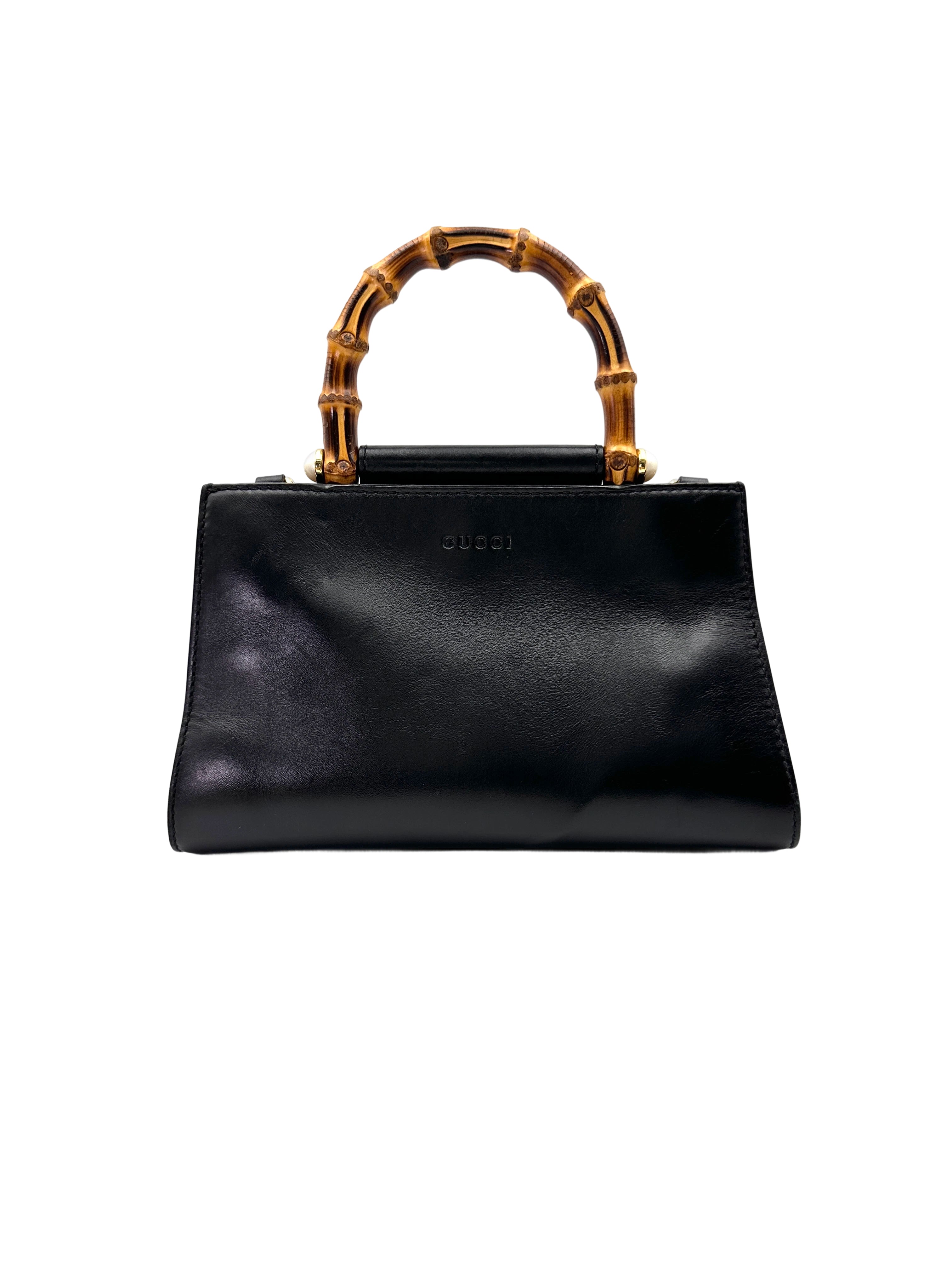 Gucci Nymphaea Black Leather Bamboo Top Handle Bag GG1021