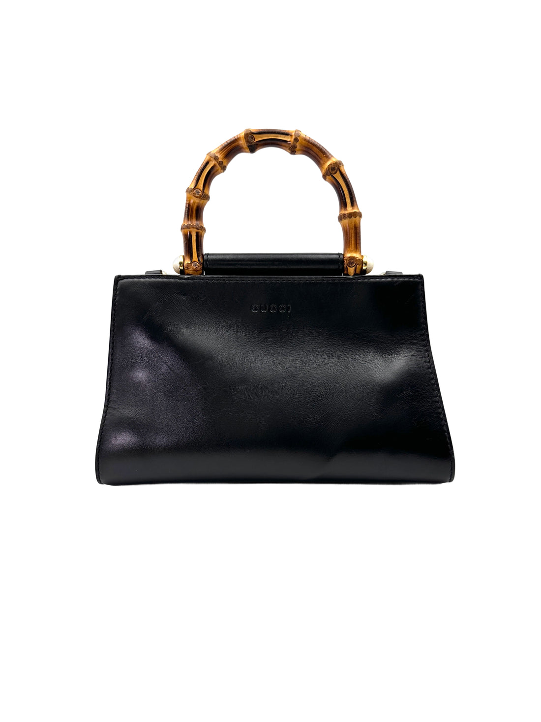 Gucci Nymphaea Black Leather Bamboo Top Handle Bag GG1021