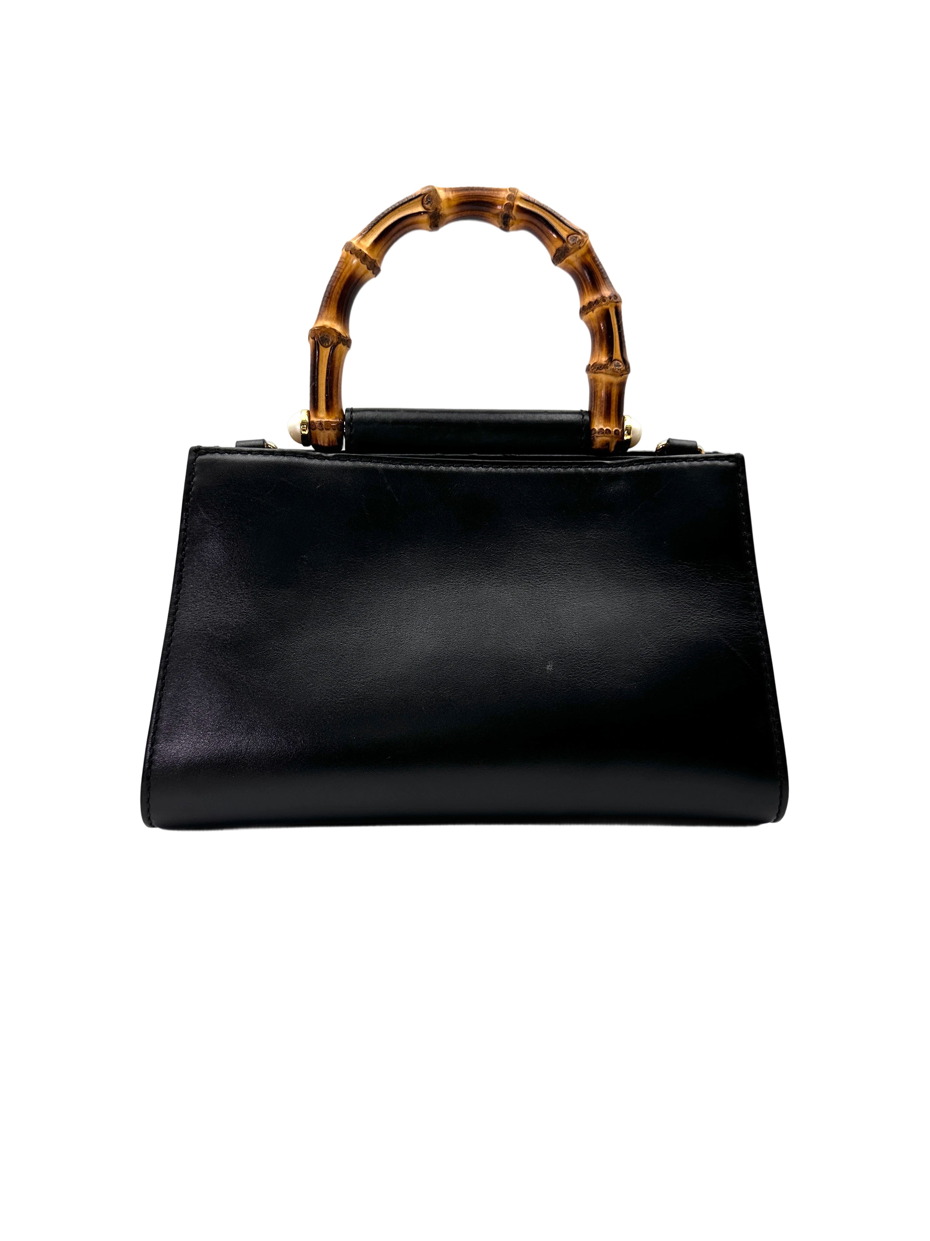 Gucci Nymphaea Black Leather Bamboo Top Handle Bag GG1021