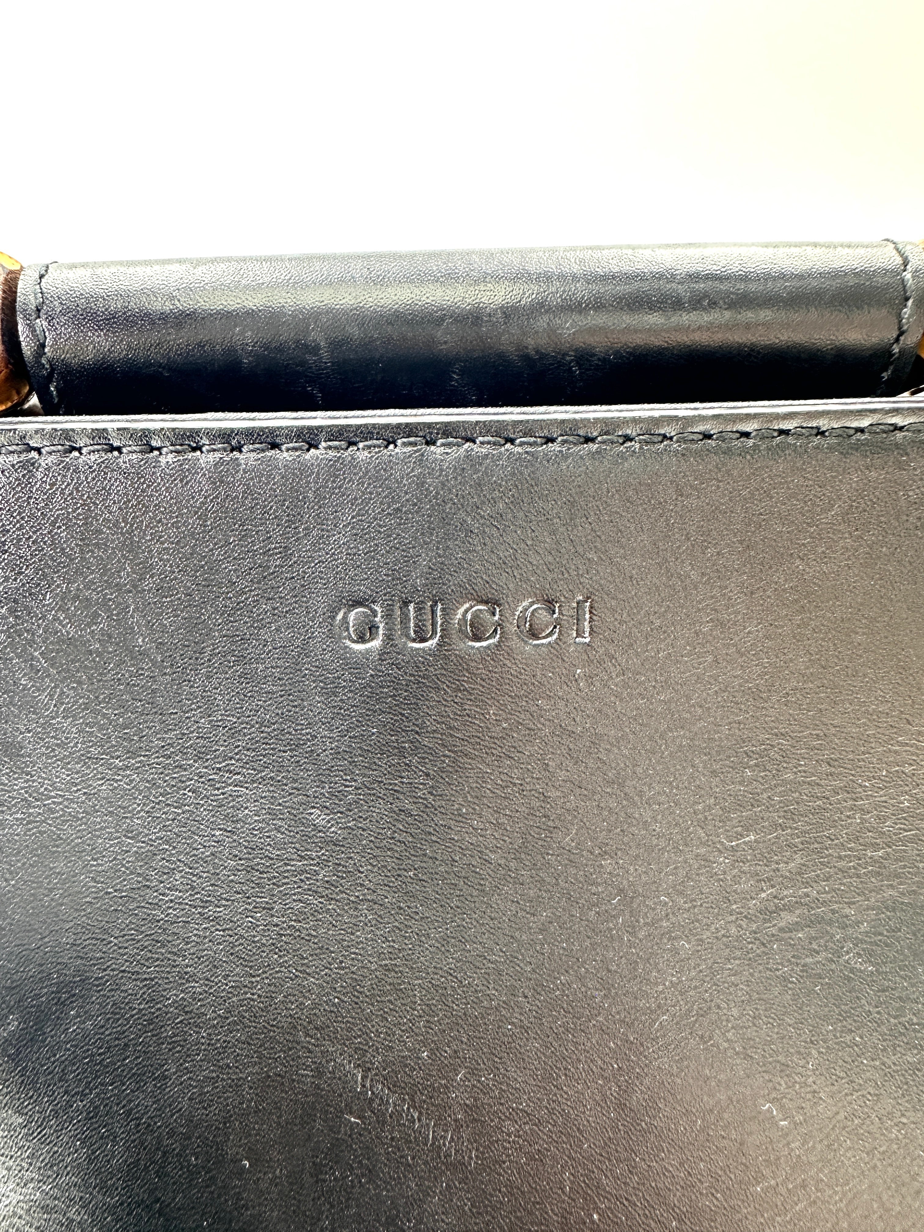 Gucci Nymphaea Black Leather Bamboo Top Handle Bag GG1021
