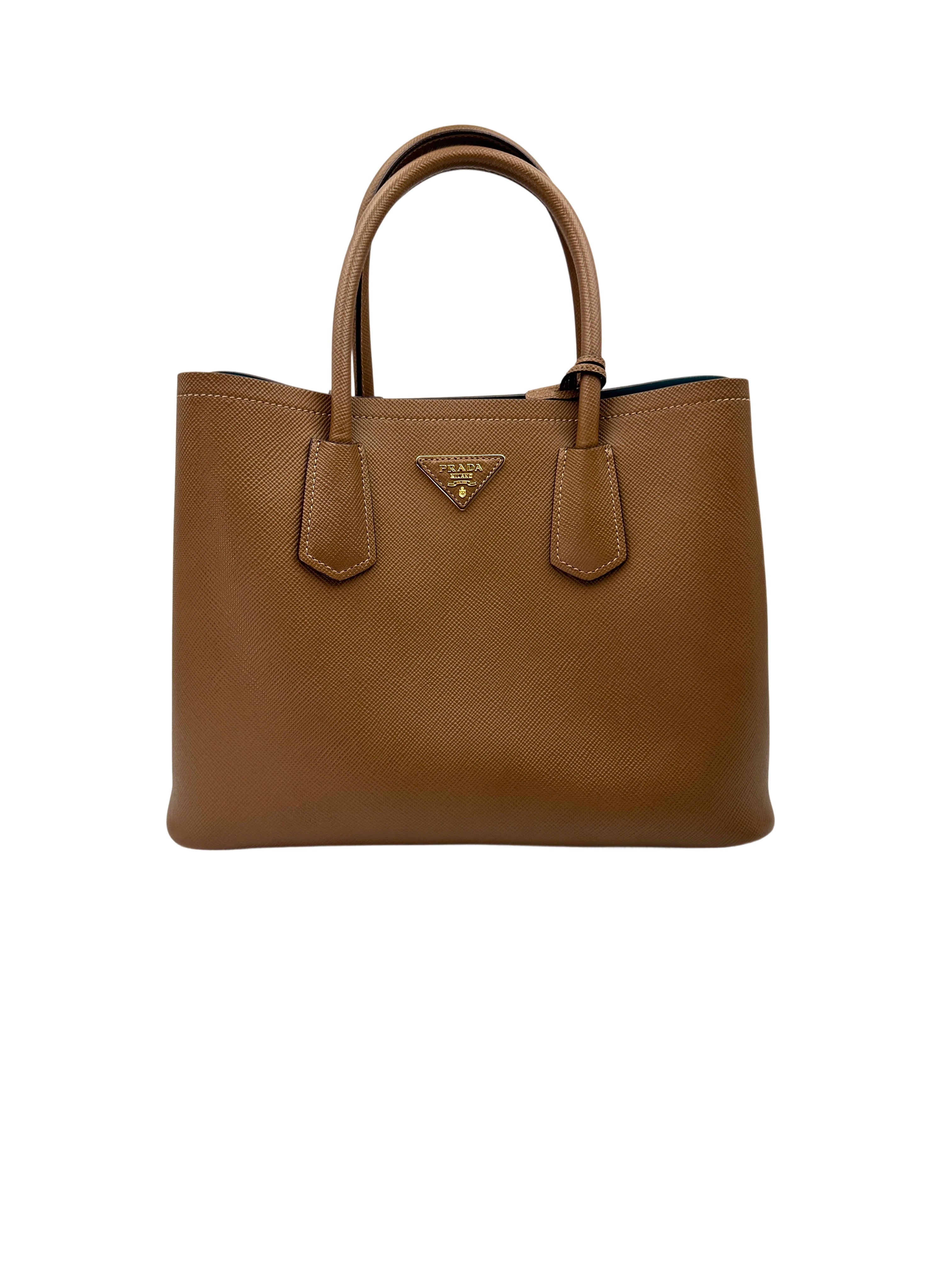 Prada Double Brown Saffiano Cuir Leather Small Size Handle Bag PR346