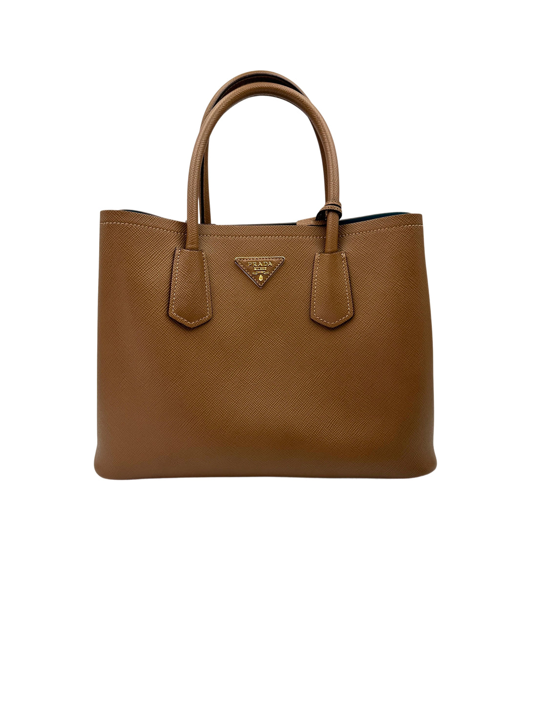 Prada Double Brown Saffiano Cuir Leather Small Size Handle Bag PR346