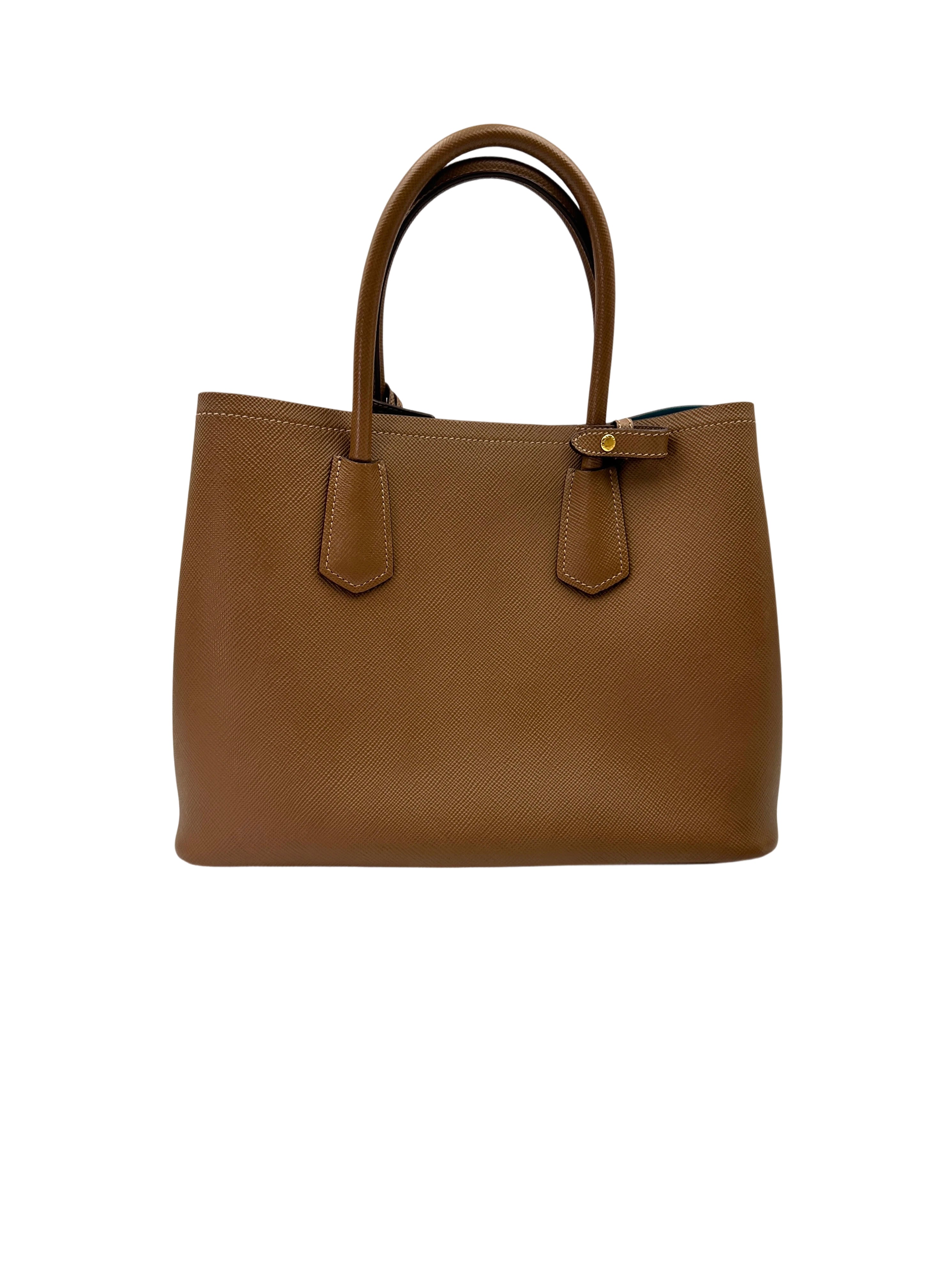Prada Double Brown Saffiano Cuir Leather Small Size Handle Bag PR346