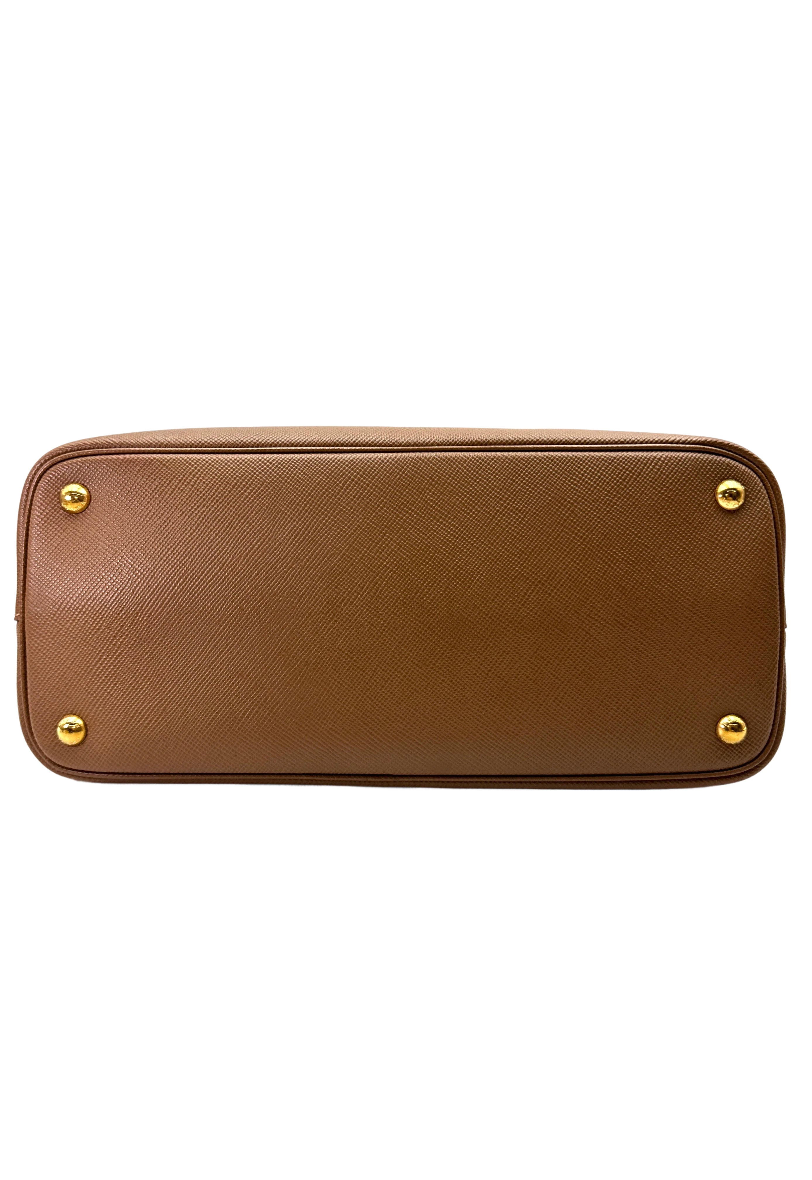 Prada Double Brown Saffiano Cuir Leather Small Size Handle Bag PR346