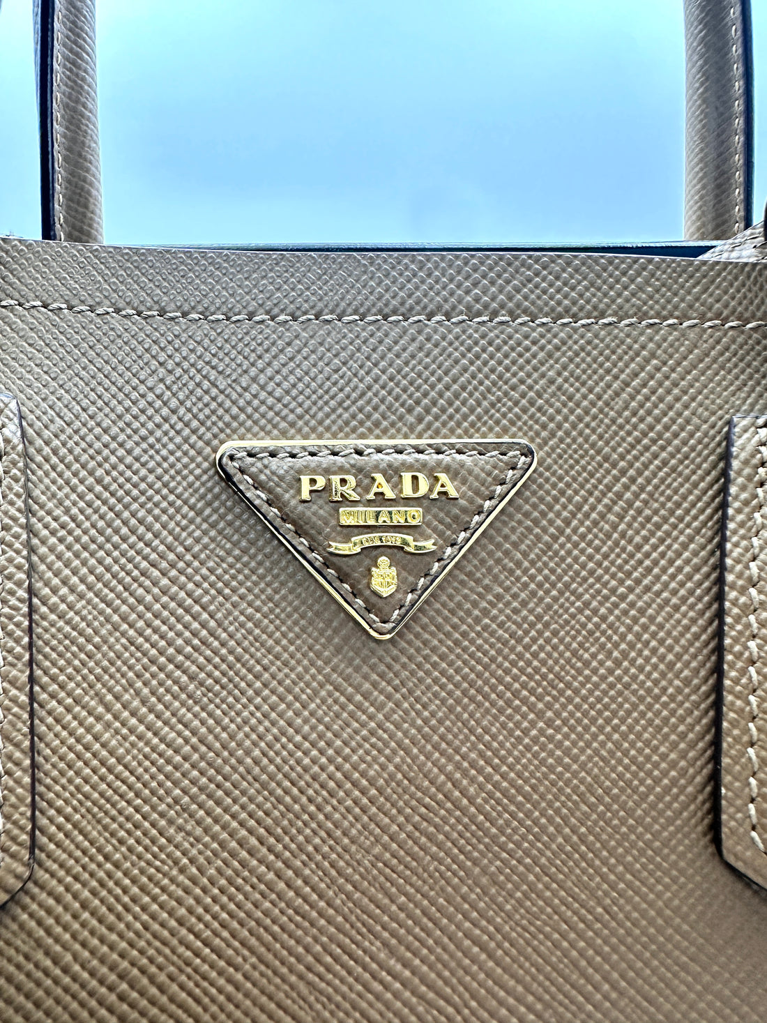 Prada Double Brown Saffiano Cuir Leather Small Size Handle Bag PR346