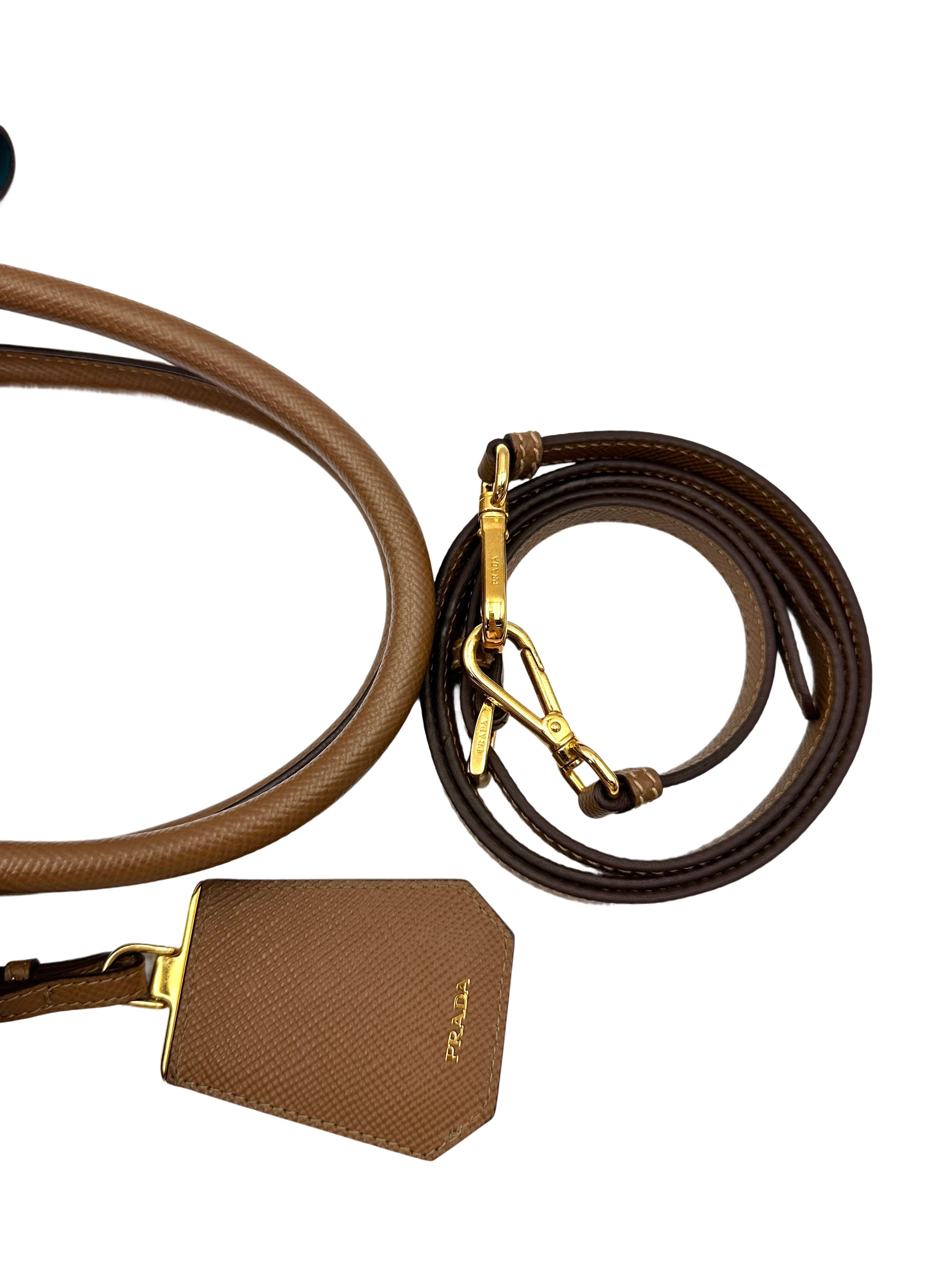 Prada Double Brown Saffiano Cuir Leather Small Size Handle Bag PR346