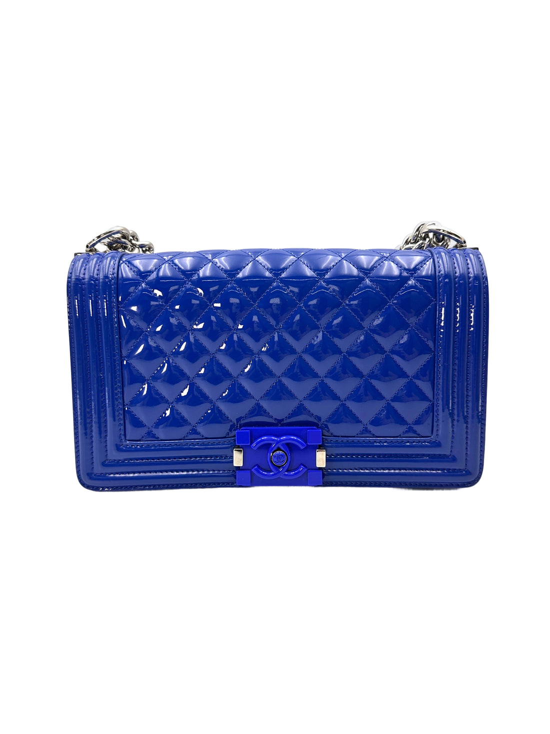 Chanel LeBoy Blue Quilted Patent Leather Medium Size Flap Bag With Tonal Buckle(20***42) CC1976