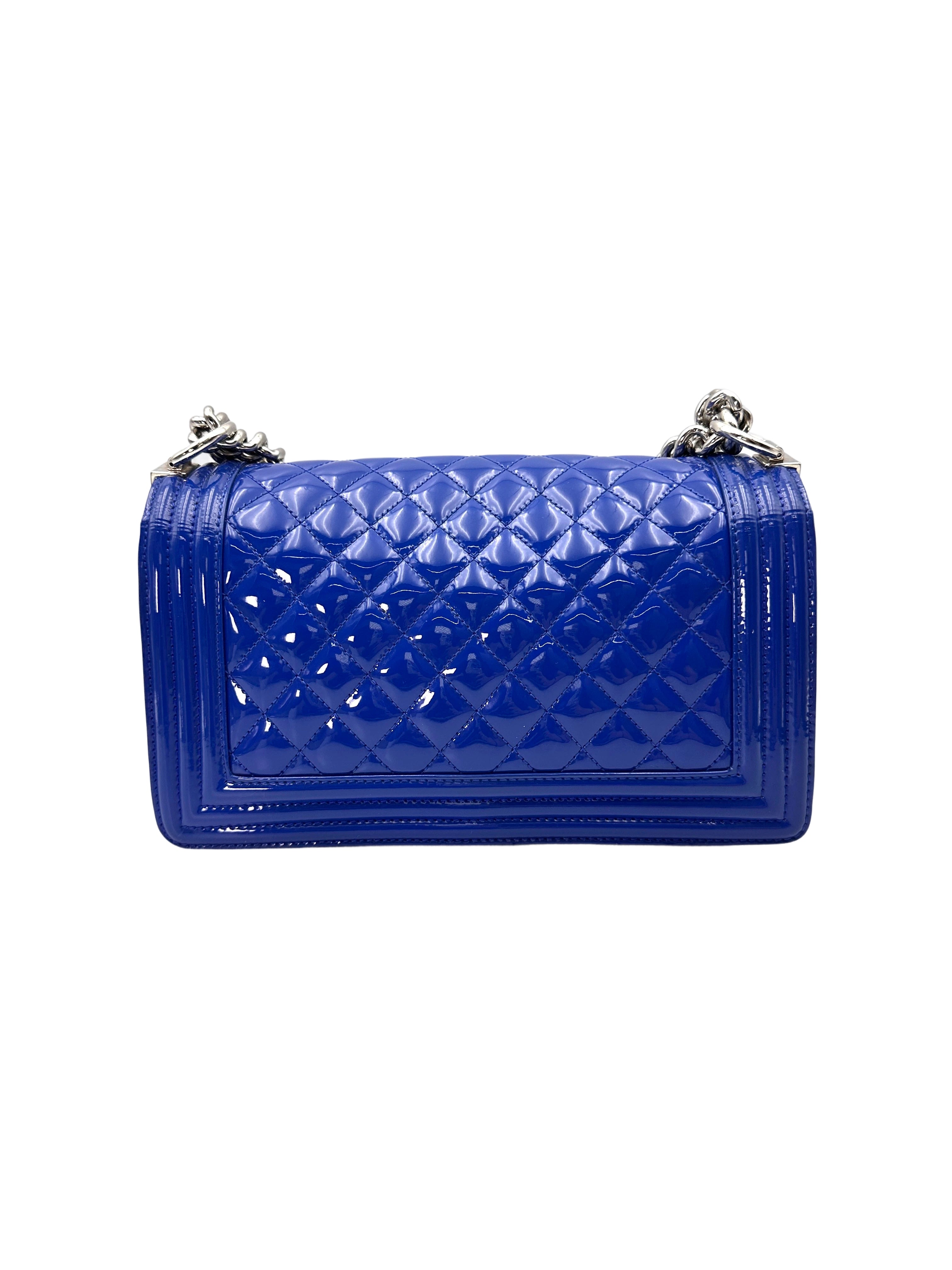 Chanel LeBoy Blue Quilted Patent Leather Medium Size Flap Bag With Tonal Buckle(20***42) CC1976