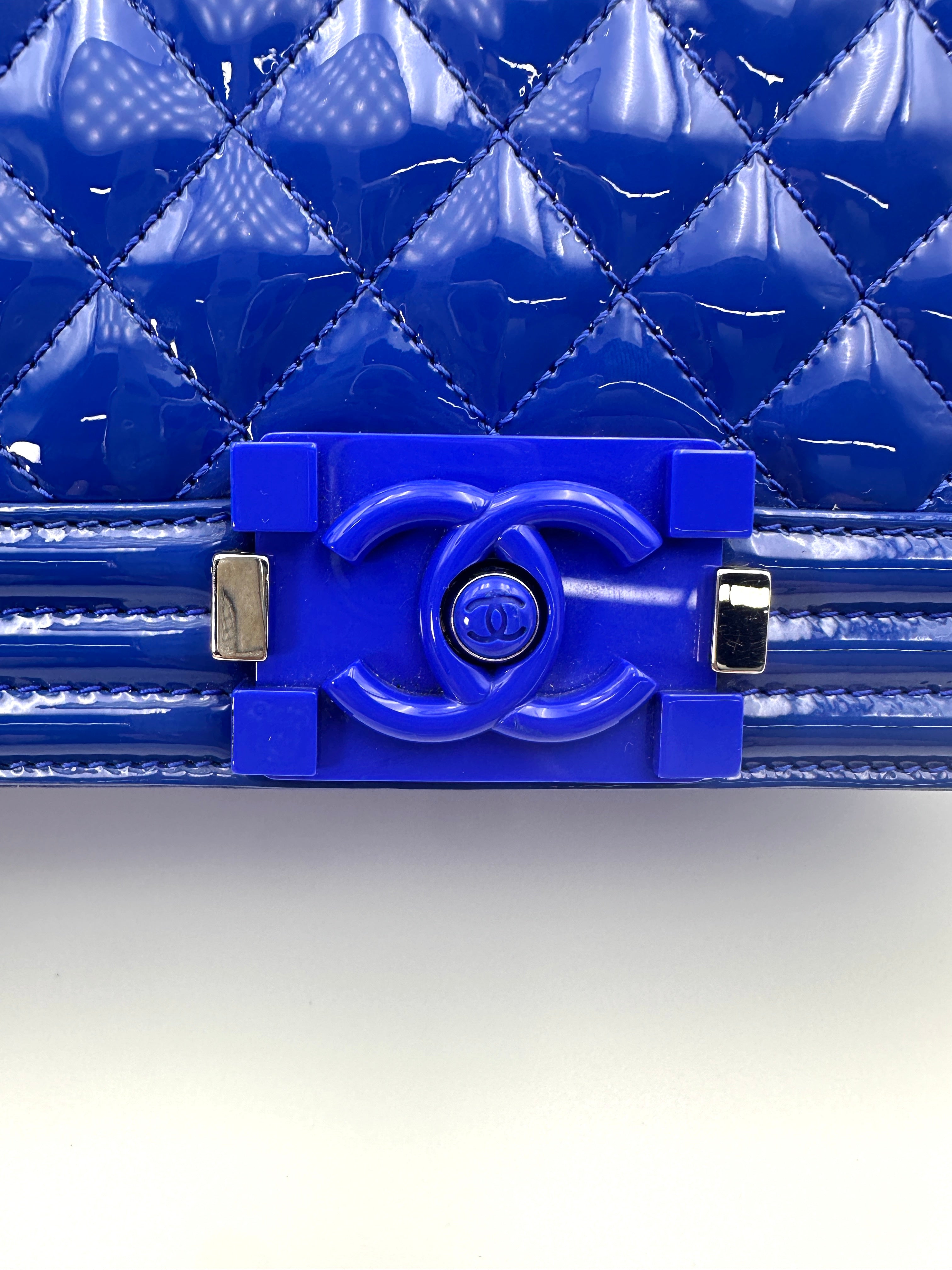 Chanel LeBoy Blue Quilted Patent Leather Medium Size Flap Bag With Tonal Buckle(20***42) CC1976