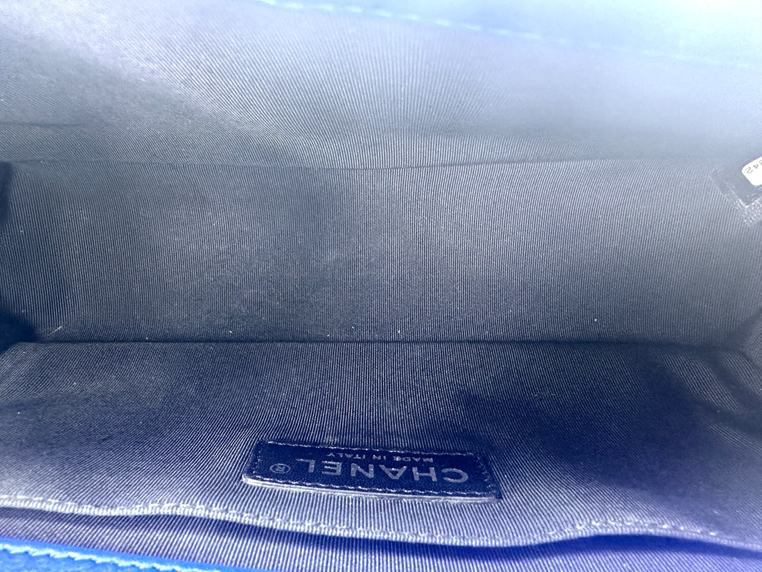 Chanel LeBoy Blue Quilted Patent Leather Medium Size Flap Bag With Tonal Buckle(20***42) CC1976