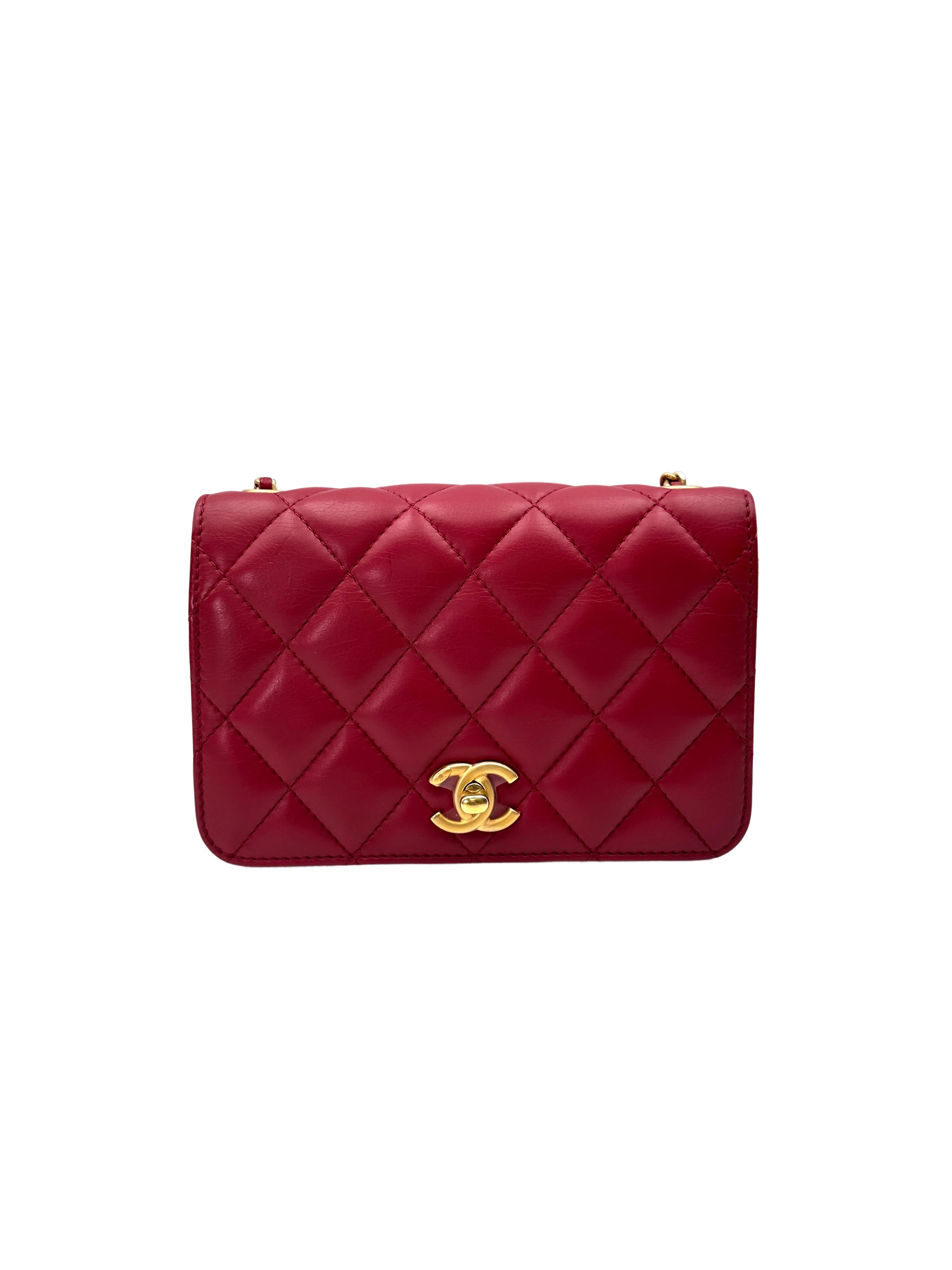 Chanel Red Quilted Leather Wallet On Chain With Gold Buckle(27***10) CC1978
