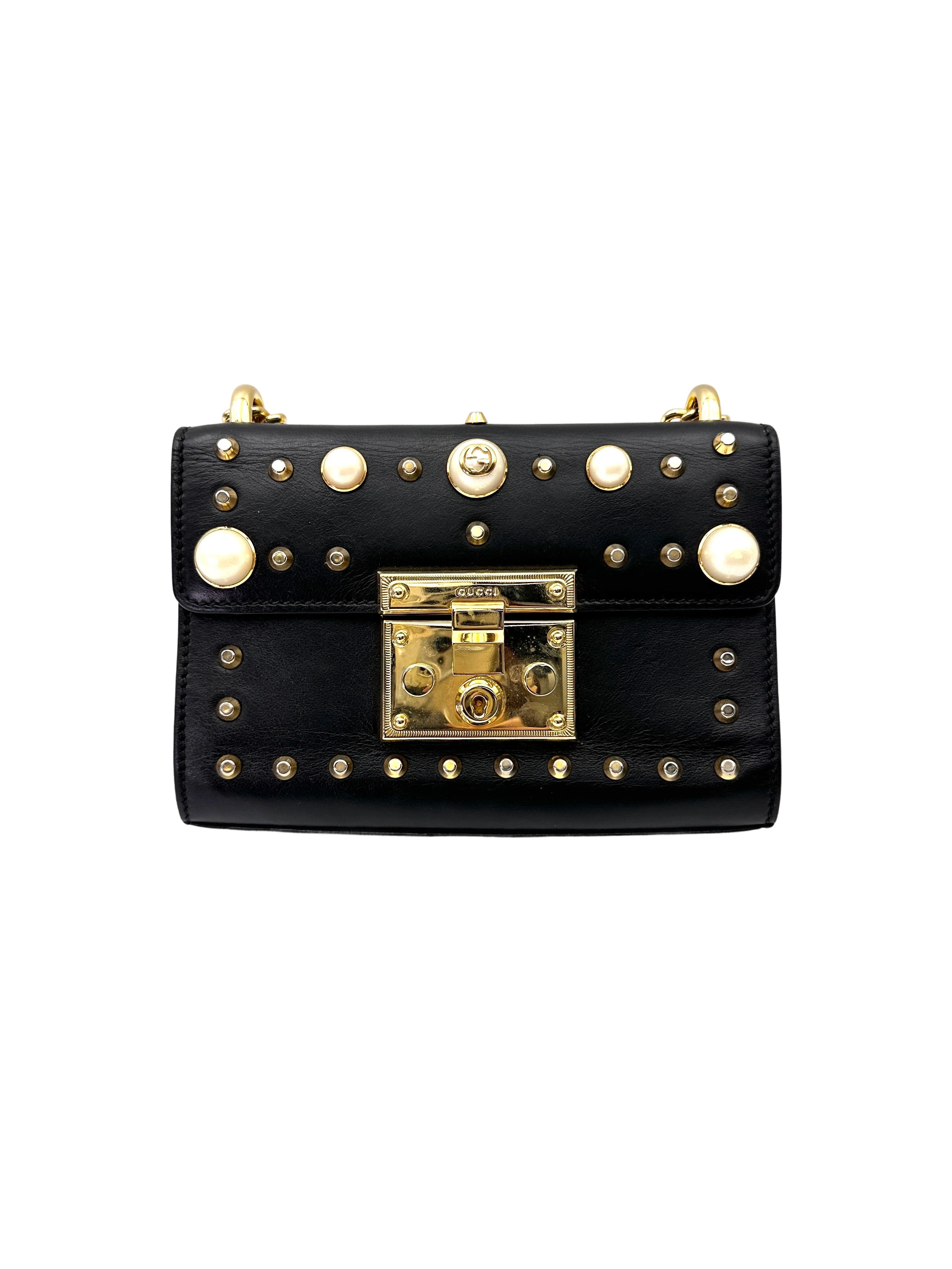 Gucci Padlock Black Pearl Studded Leather Chain Bag With Gold Hardware GG1017