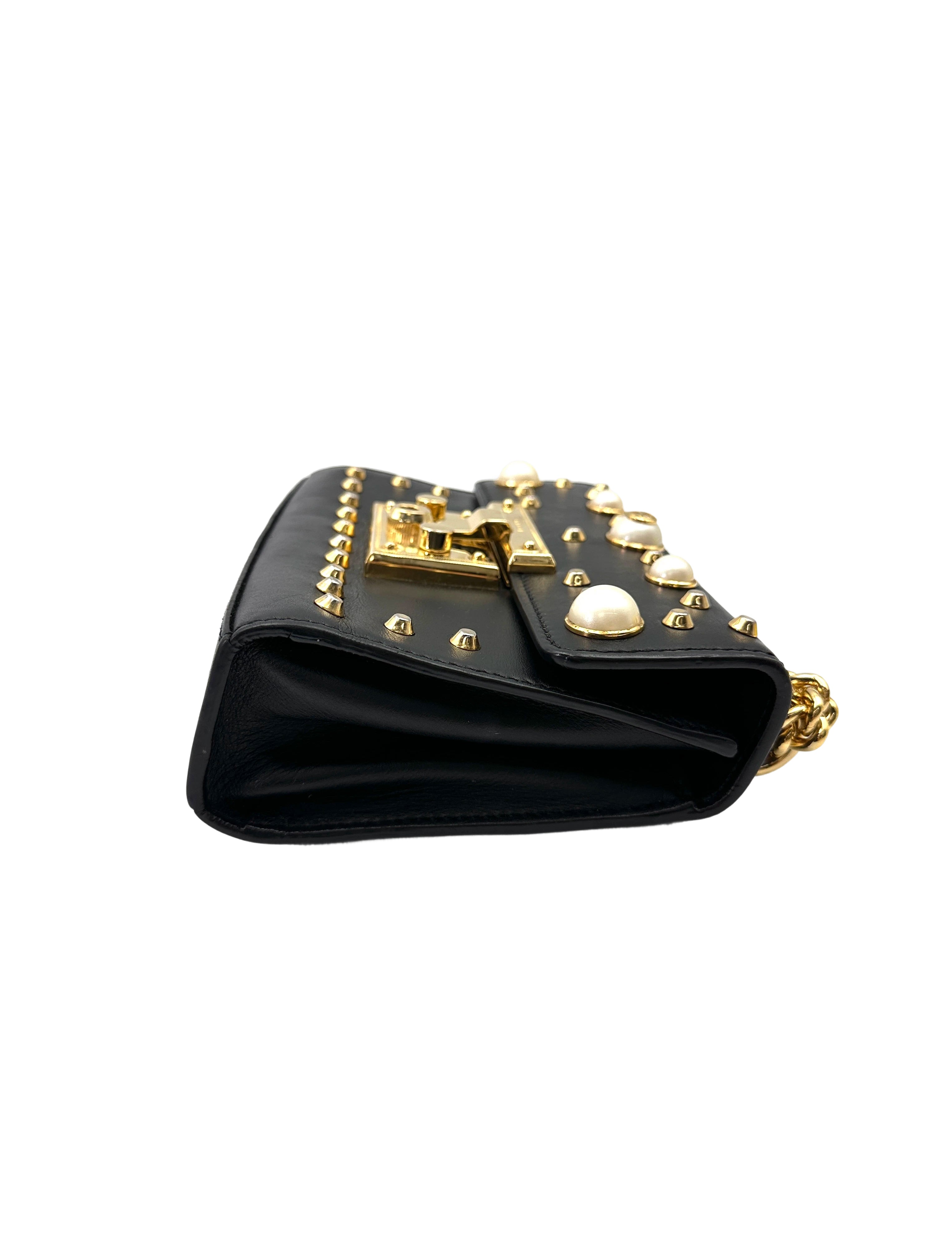 Gucci Padlock Black Pearl Studded Leather Chain Bag With Gold Hardware GG1017