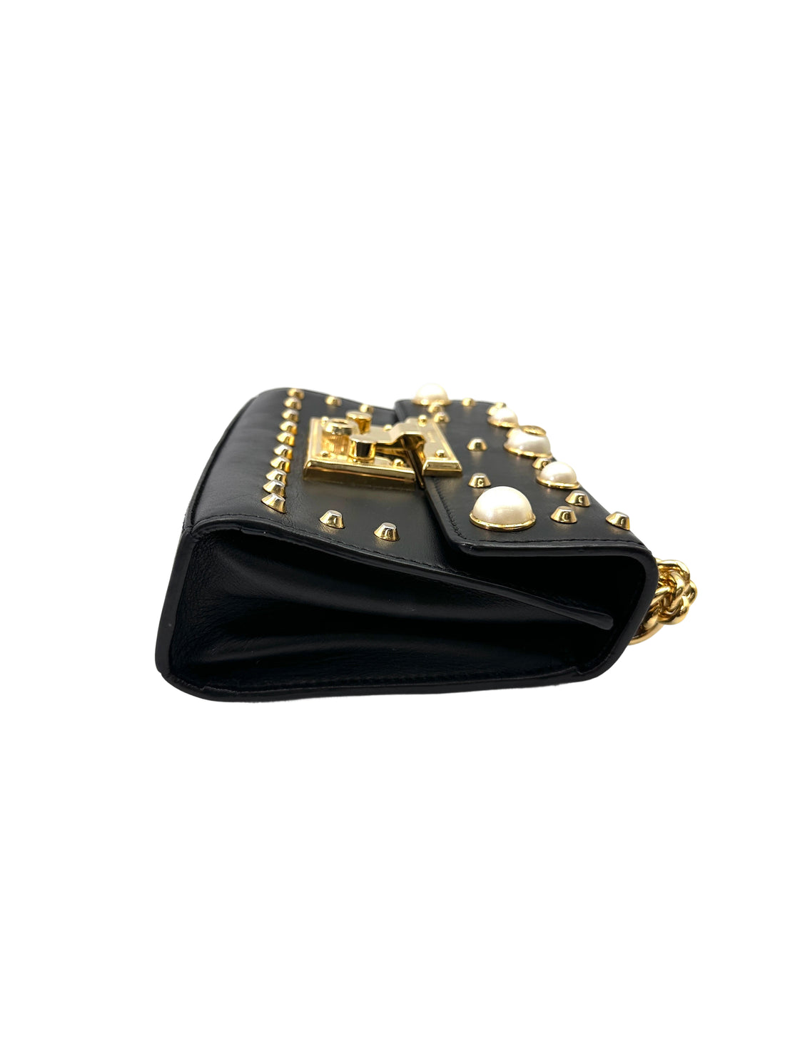 Gucci Padlock Black Pearl Studded Leather Chain Bag With Gold Hardware GG1017