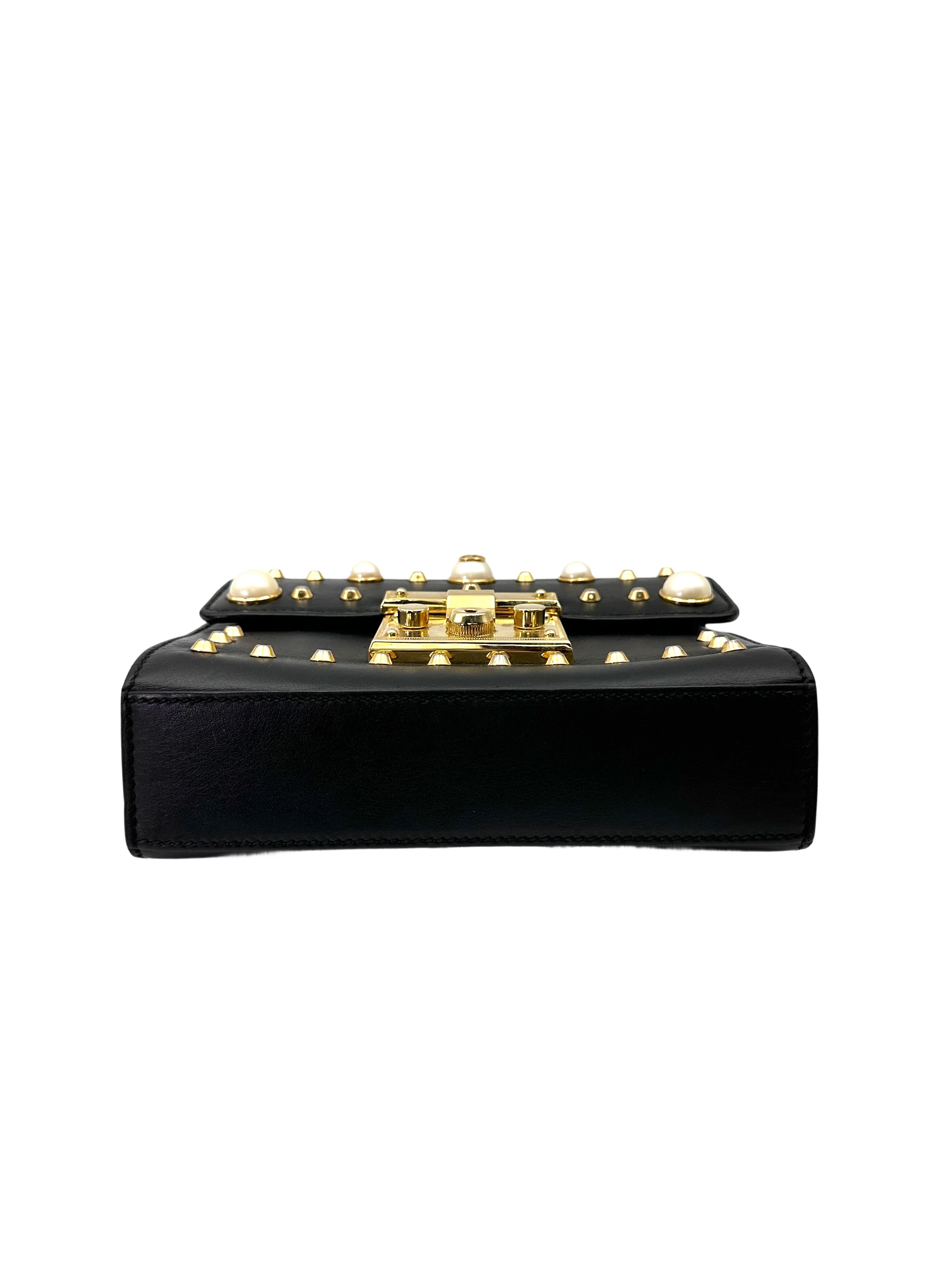 Gucci Padlock Black Pearl Studded Leather Chain Bag With Gold Hardware GG1017