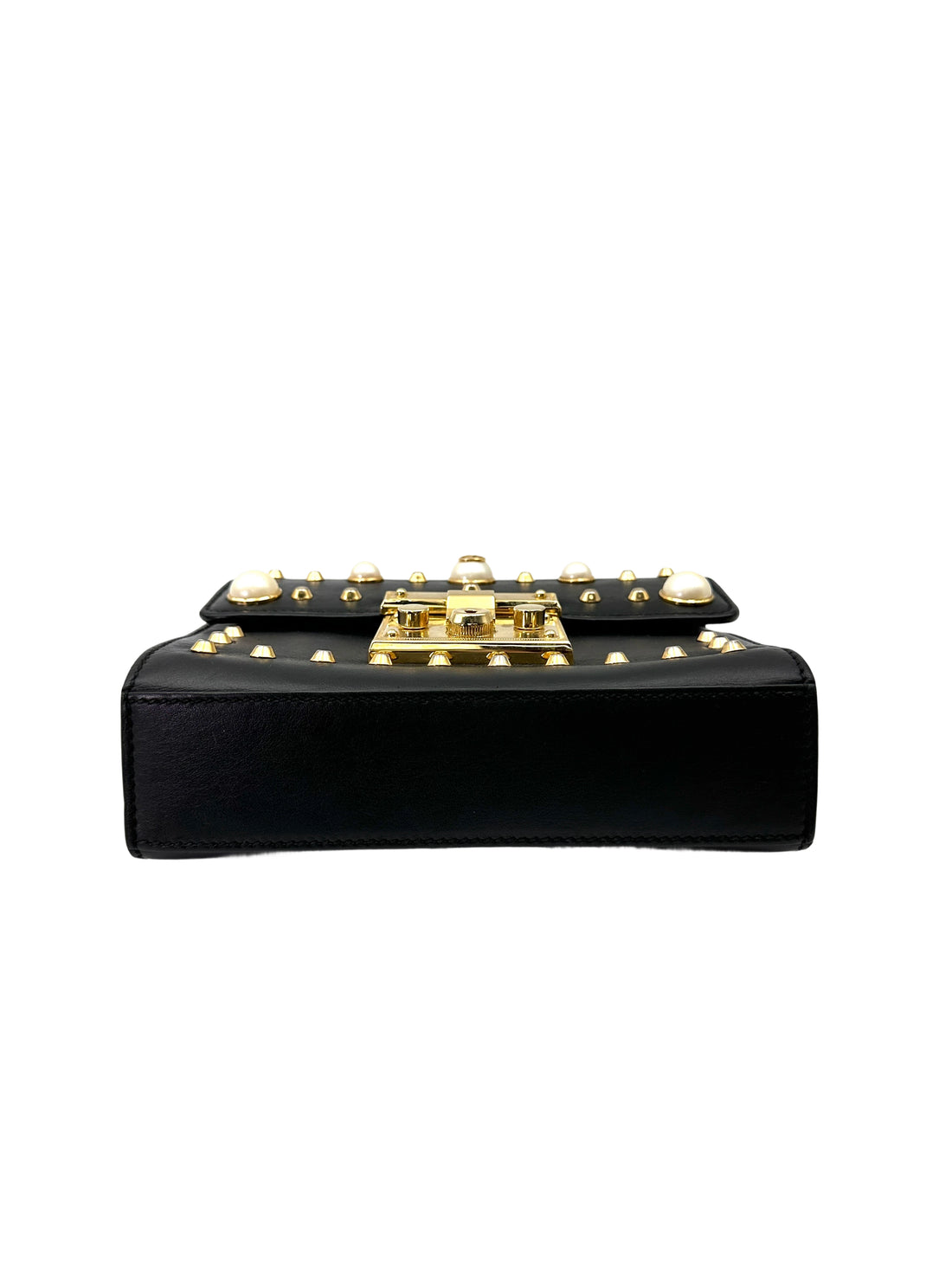 Gucci Padlock Black Pearl Studded Leather Chain Bag With Gold Hardware GG1017