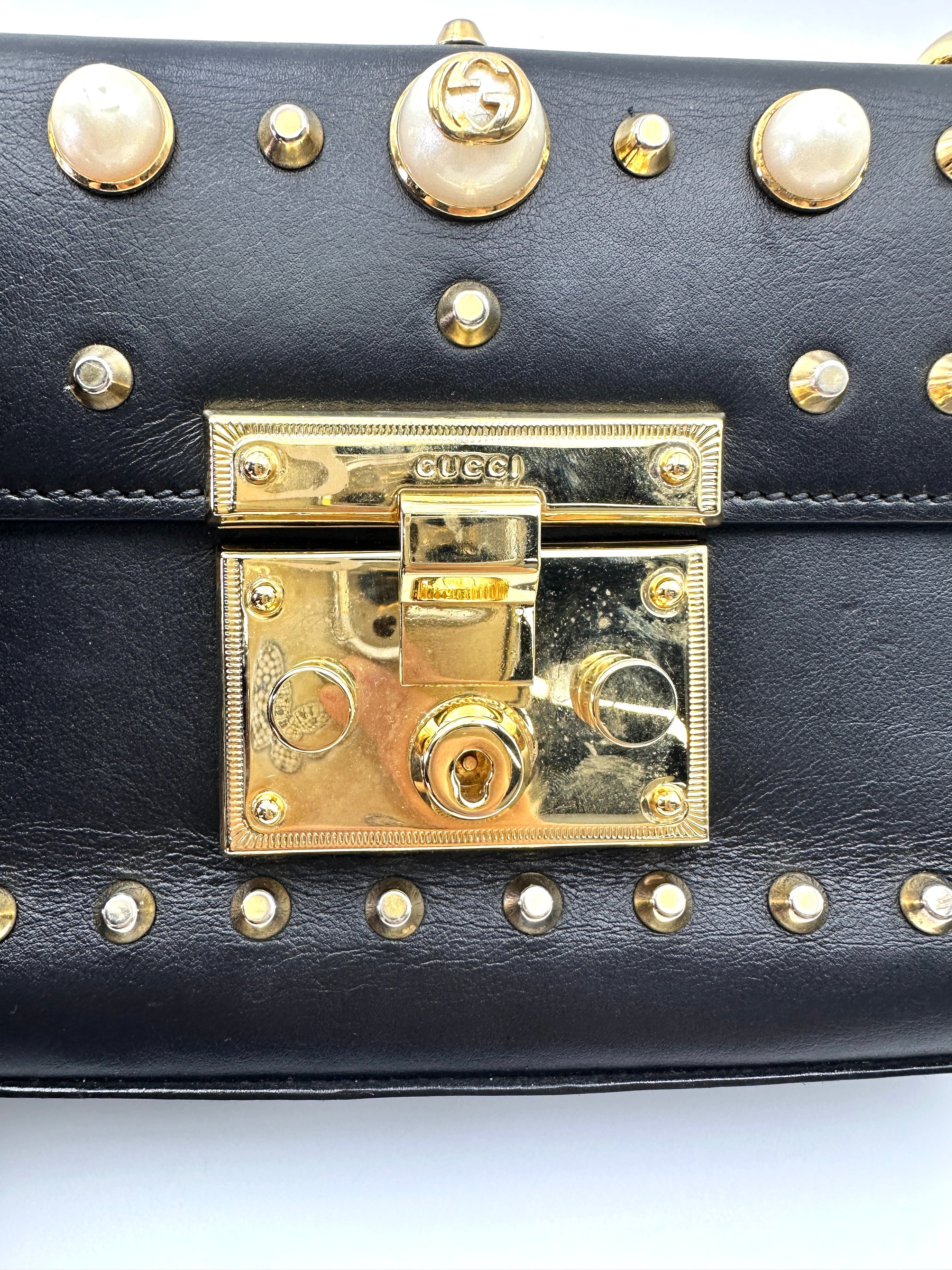 Gucci Padlock Black Pearl Studded Leather Chain Bag With Gold Hardware GG1017
