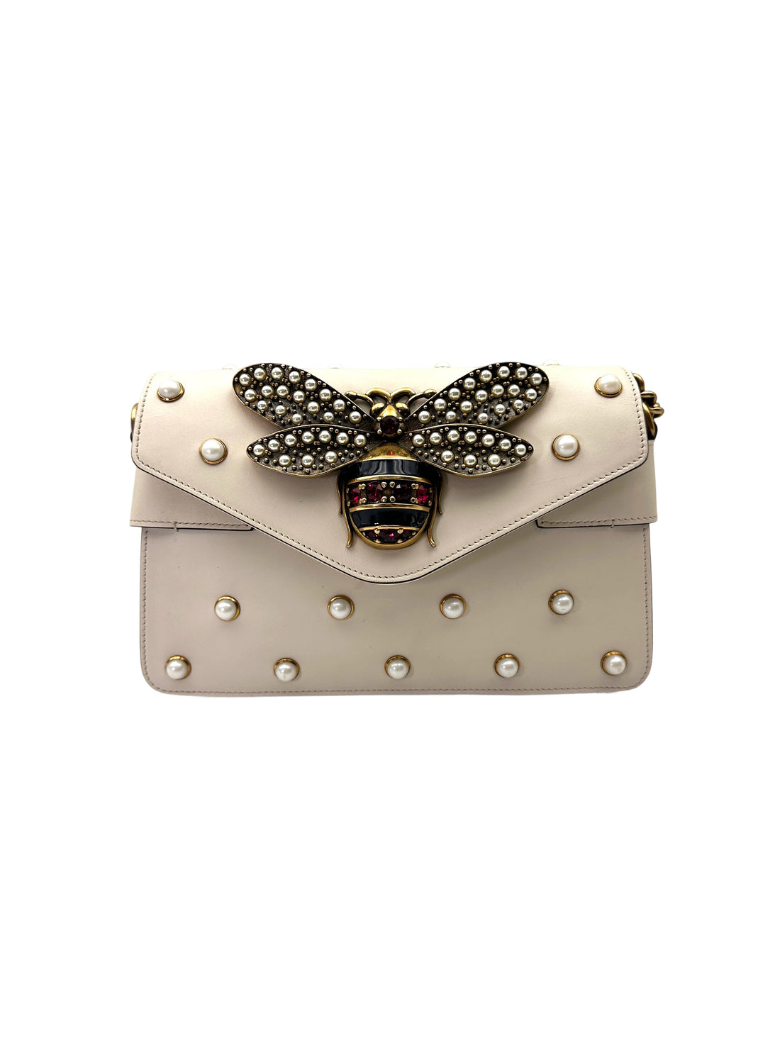 Gucci Queen Margaret Broadway Bee White Leather Pearl Studded Shoulder Bag GG1023