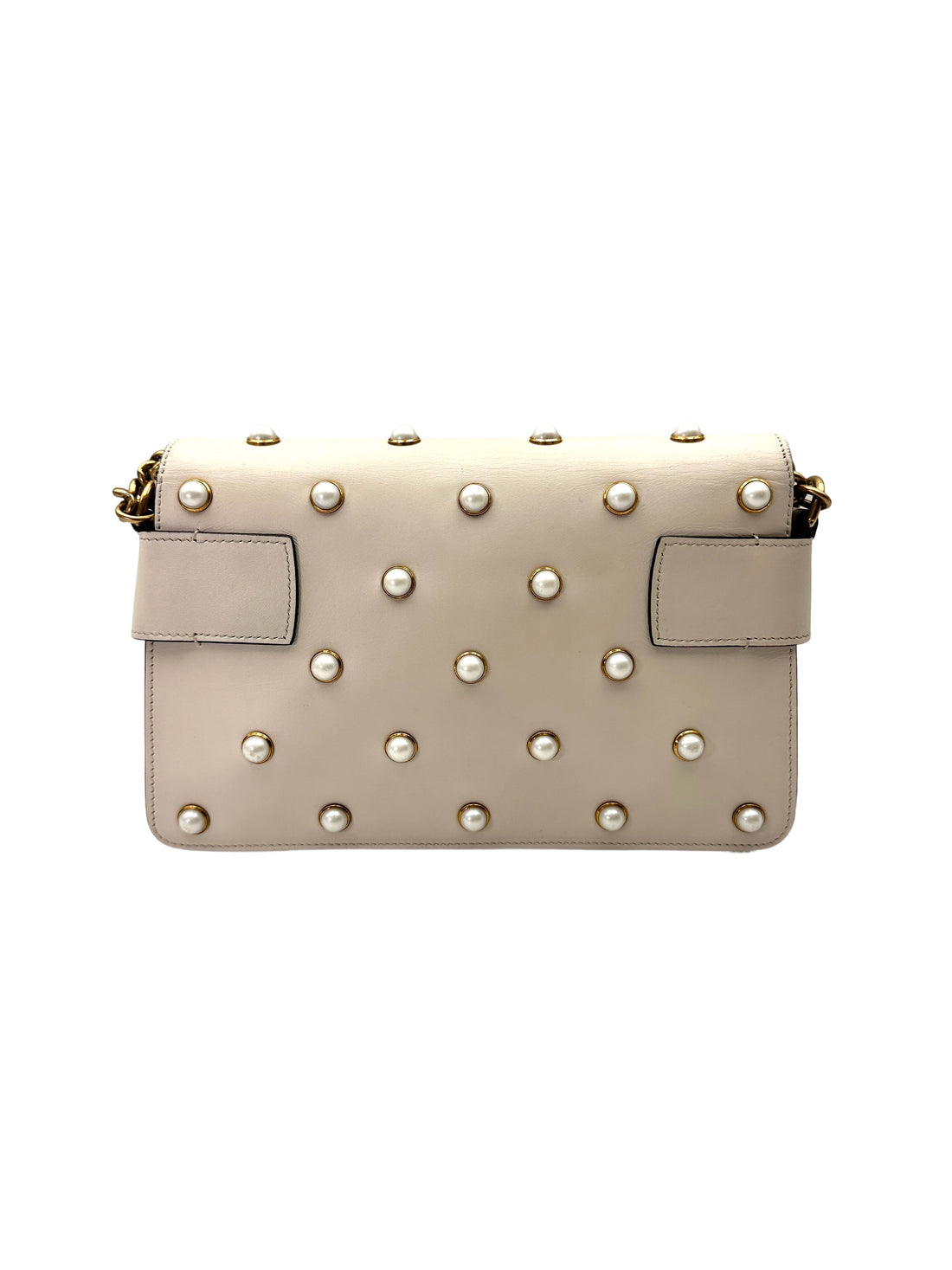 Gucci Queen Margaret Broadway Bee White Leather Pearl Studded Shoulder Bag GG1023