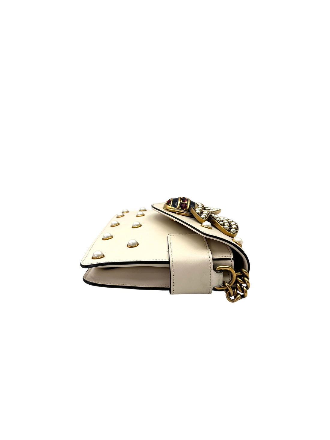 Gucci Queen Margaret Broadway Bee White Leather Pearl Studded Shoulder Bag GG1023