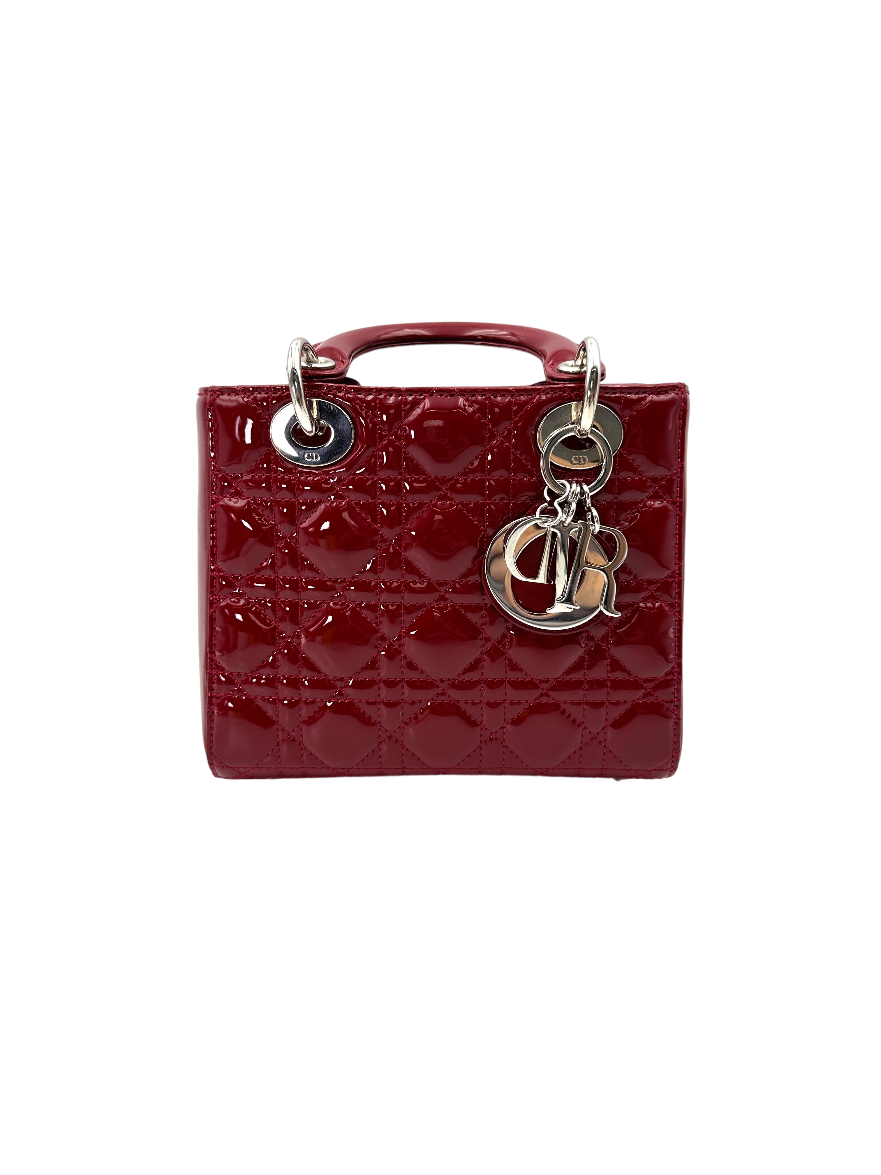 Christian Dior Lady Dior Red Cannage Patent Leather Handle Bag With Silver Buckle DR739