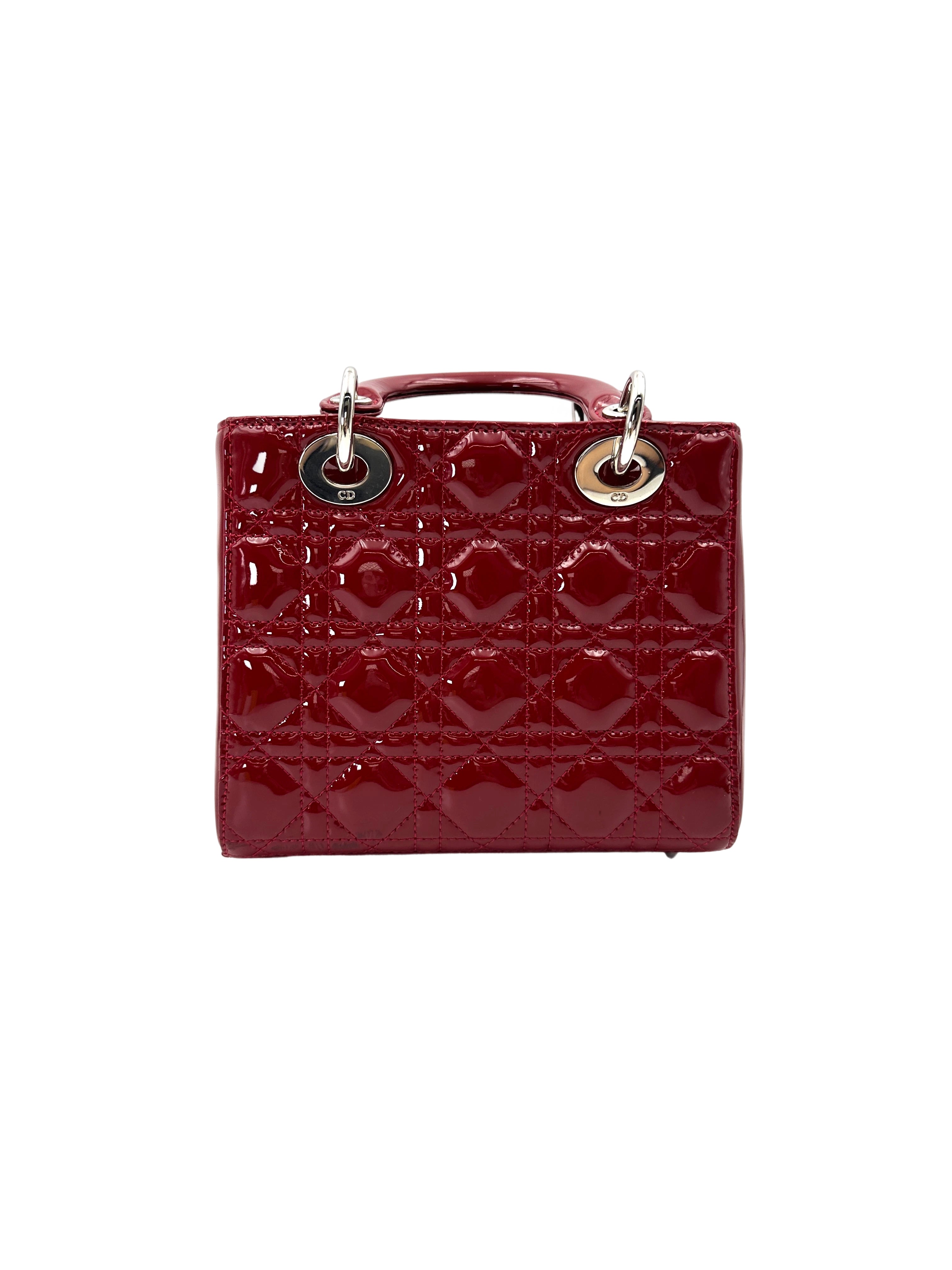 Christian Dior Lady Dior Red Cannage Patent Leather Handle Bag With Silver Buckle DR739