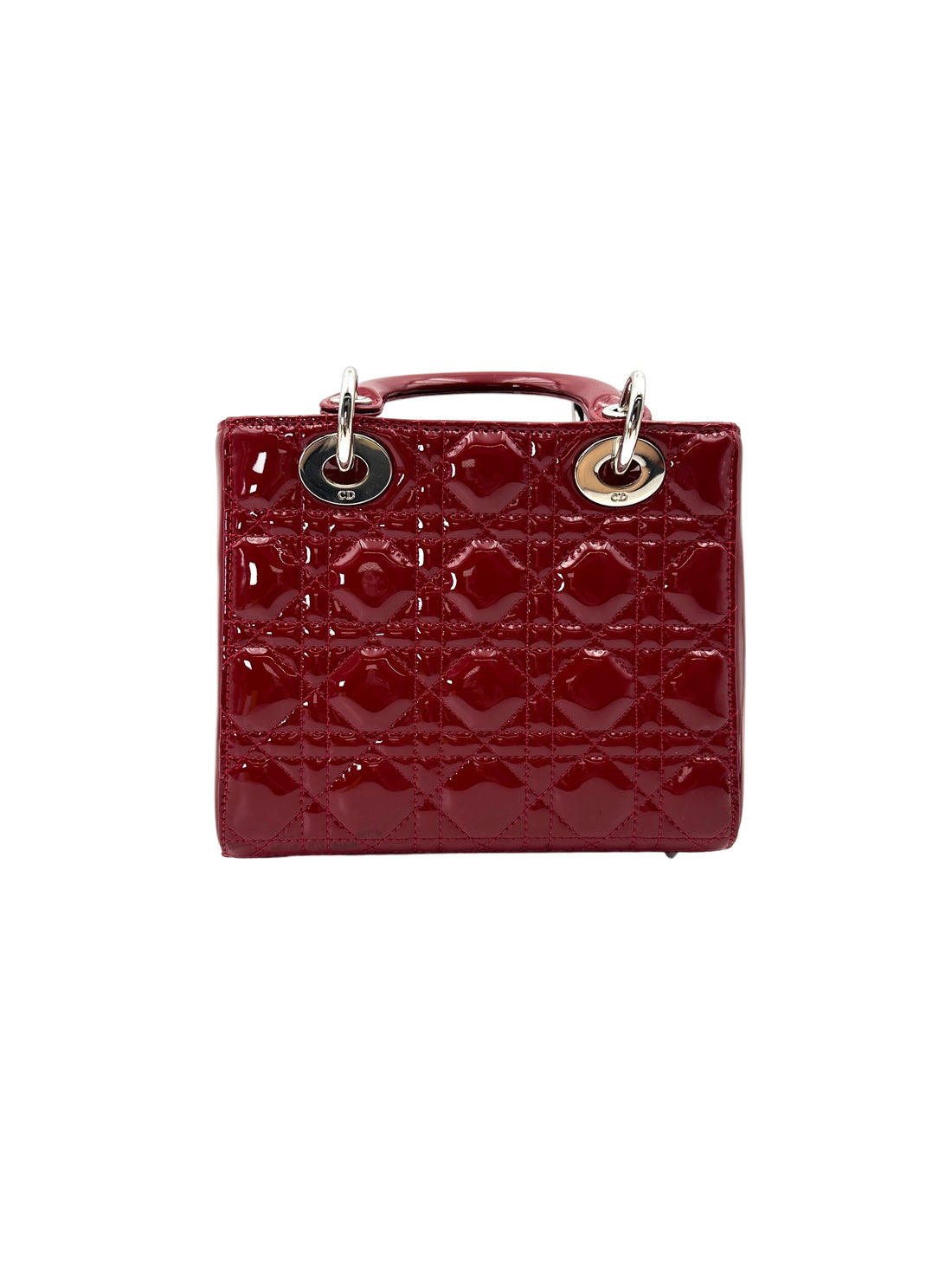 Christian Dior Lady Dior Red Cannage Patent Leather Handle Bag With Silver Buckle DR739