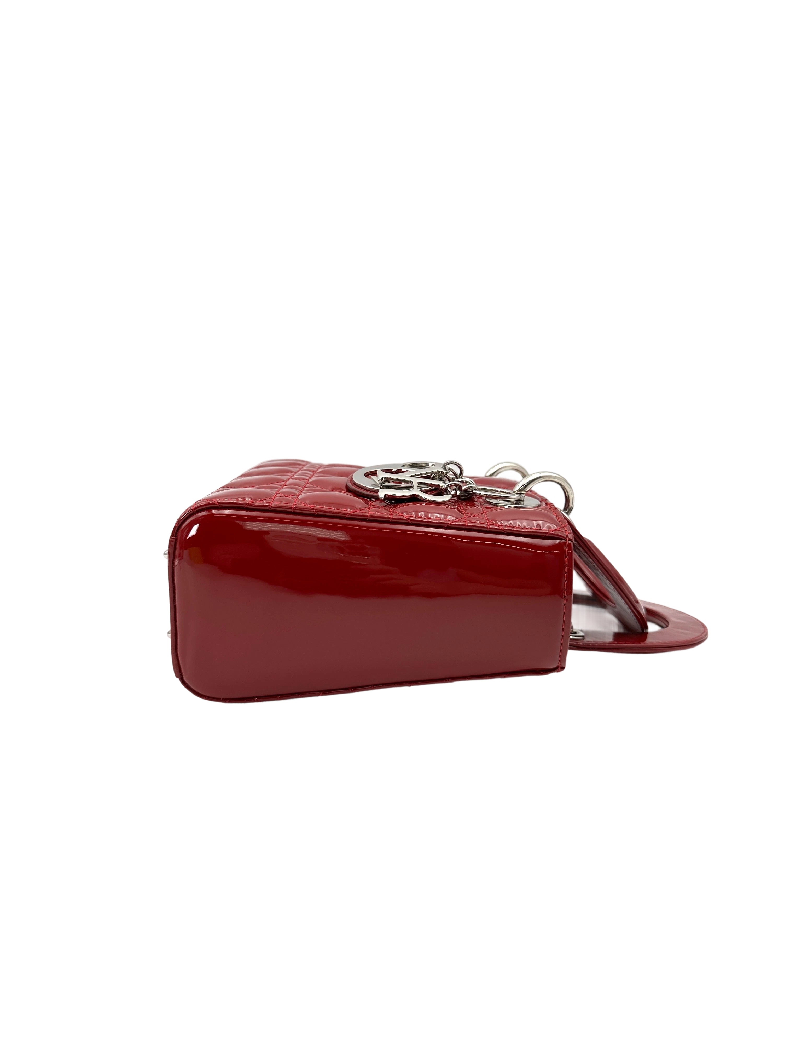 Christian Dior Lady Dior Red Cannage Patent Leather Handle Bag With Silver Buckle DR739
