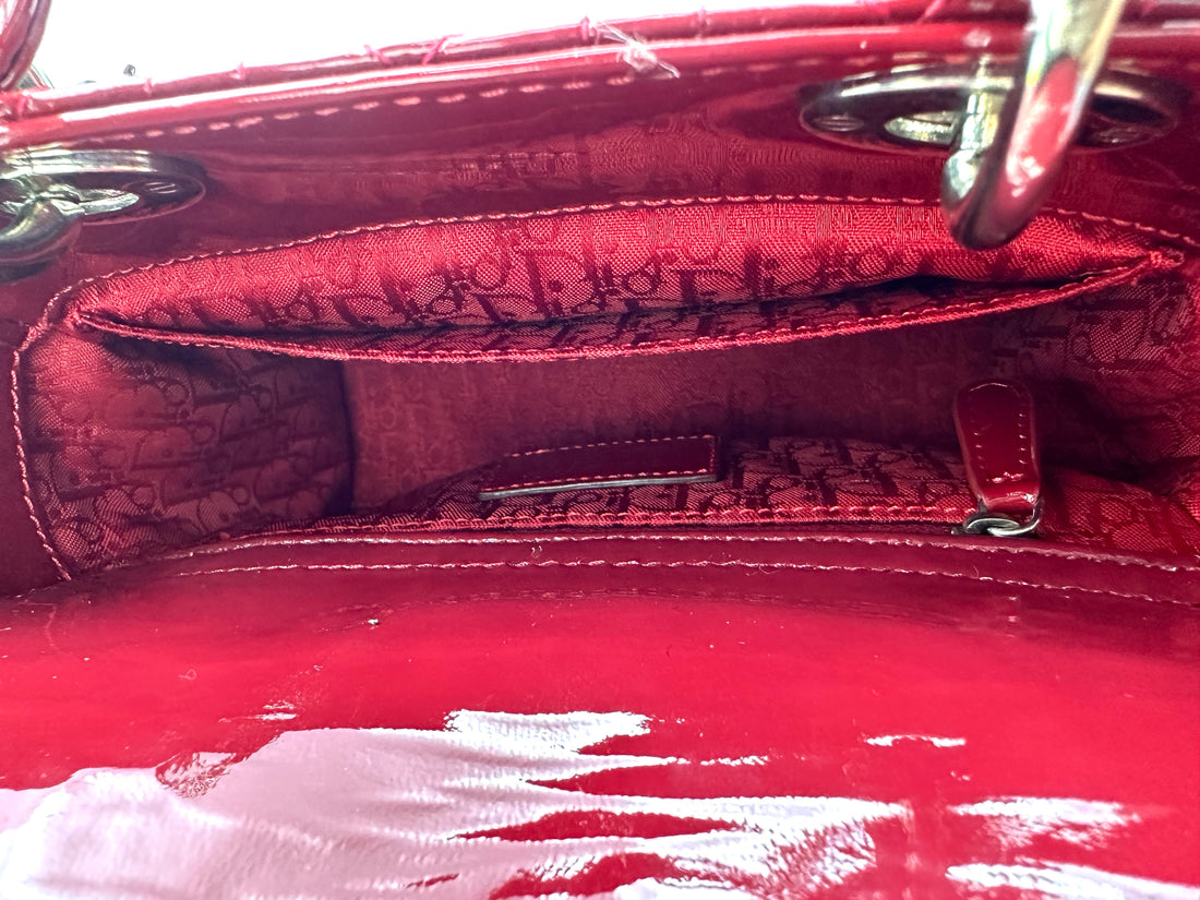 Christian Dior Lady Dior Red Cannage Patent Leather Handle Bag With Silver Buckle DR739