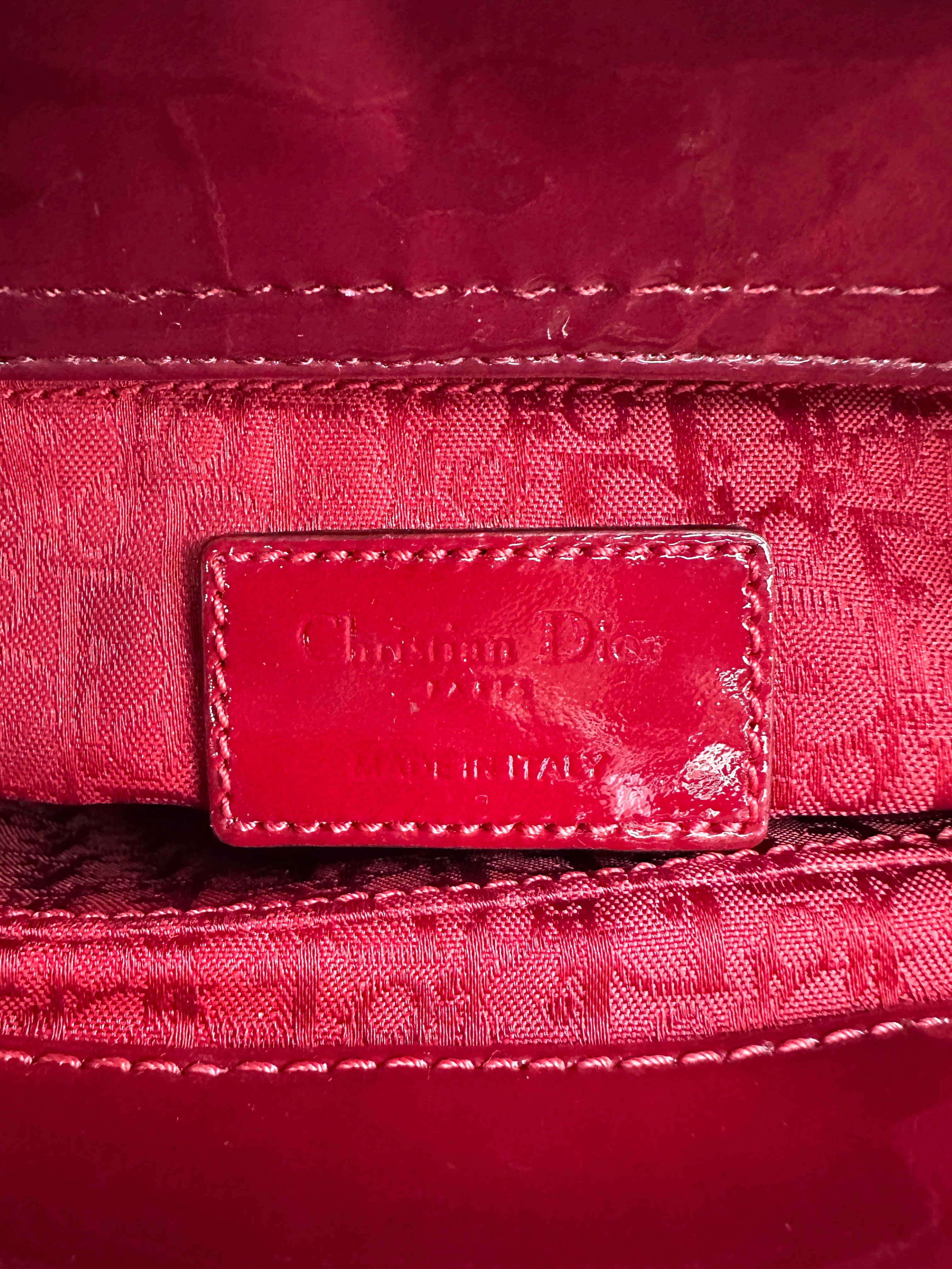 Christian Dior Lady Dior Red Cannage Patent Leather Handle Bag With Silver Buckle DR739