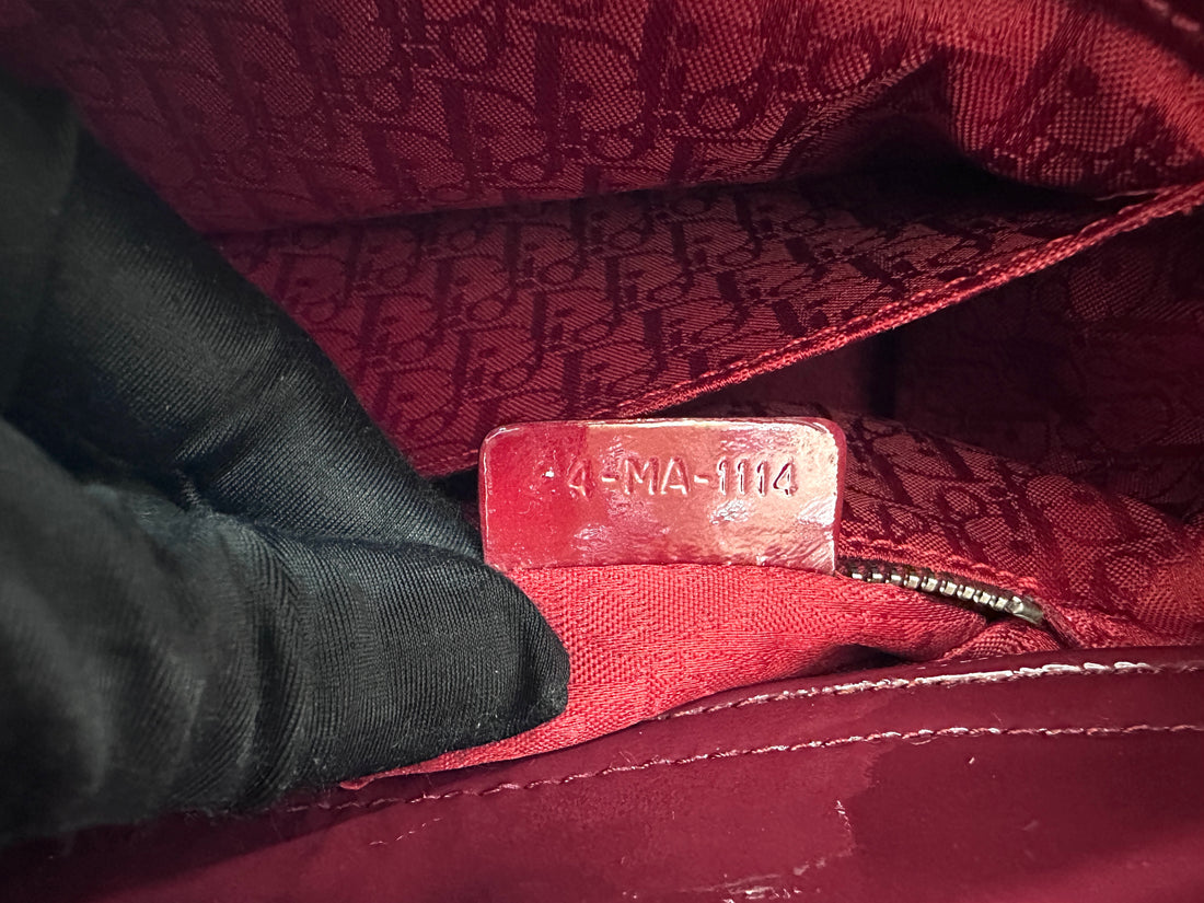 Christian Dior Lady Dior Red Cannage Patent Leather Handle Bag With Silver Buckle DR739