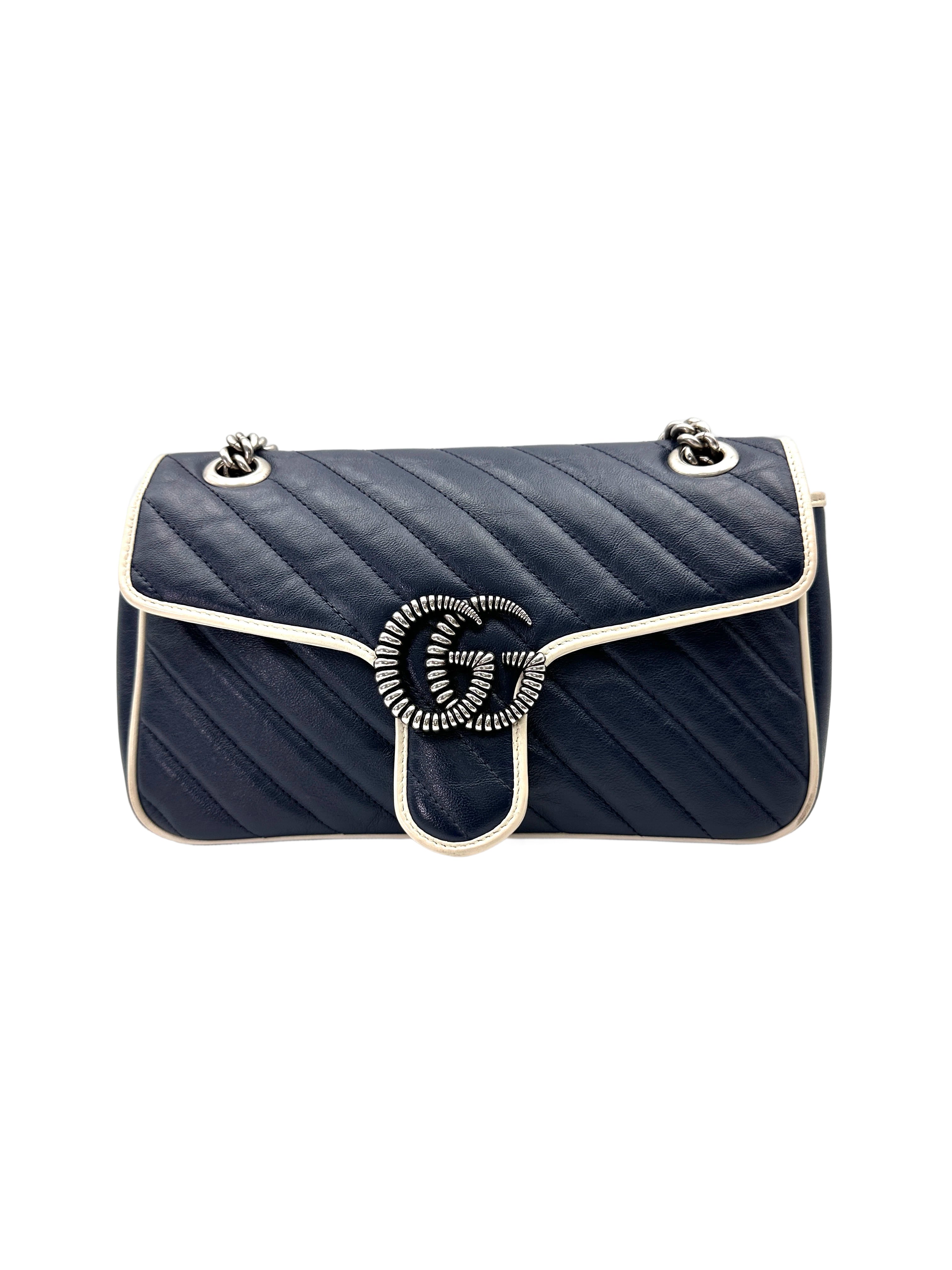 Gucci GG Marmont Blue/White Matelasse Leather Shoulder Bag GG1024